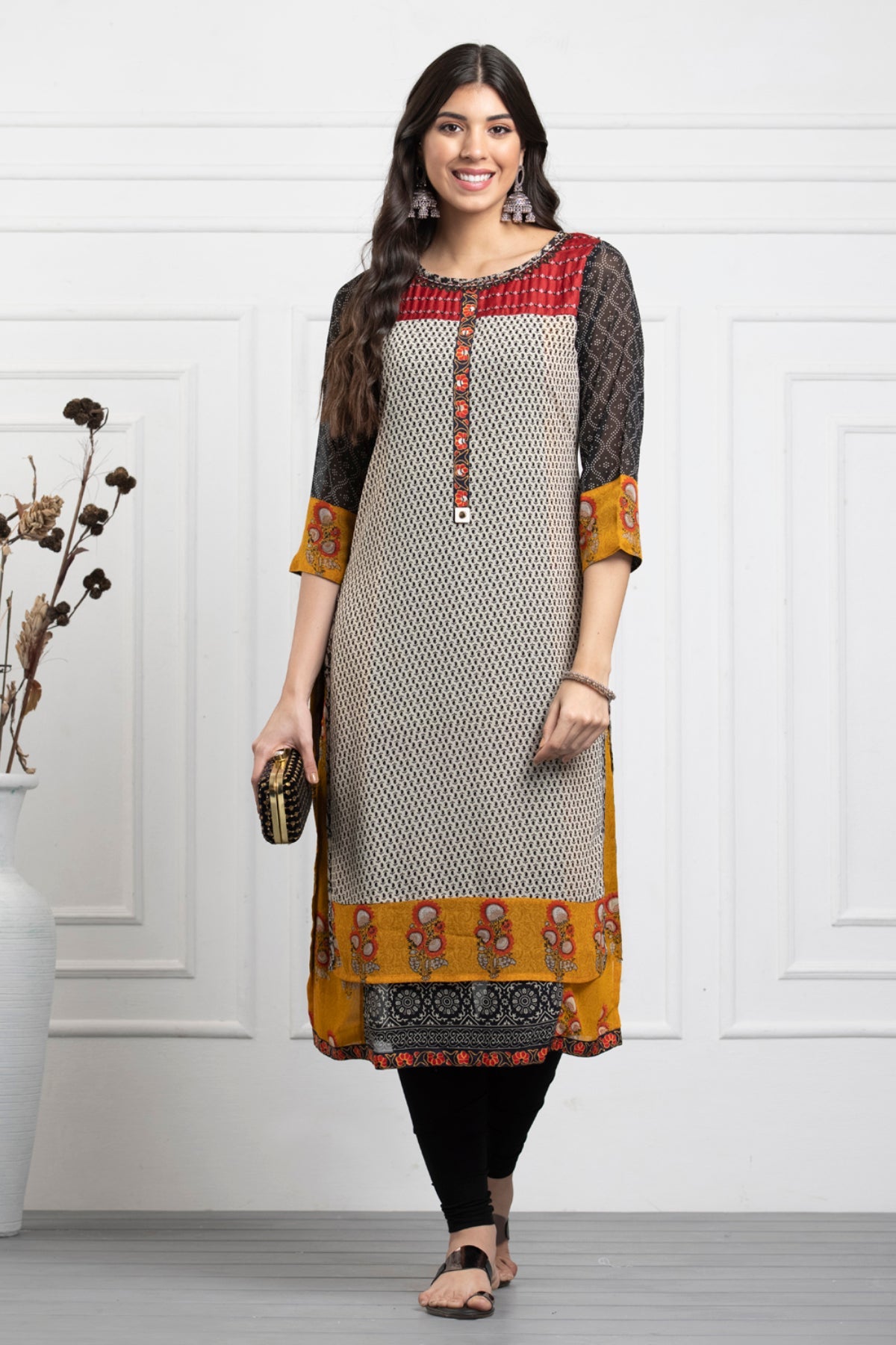 Black Cream Printed Straight Kurta