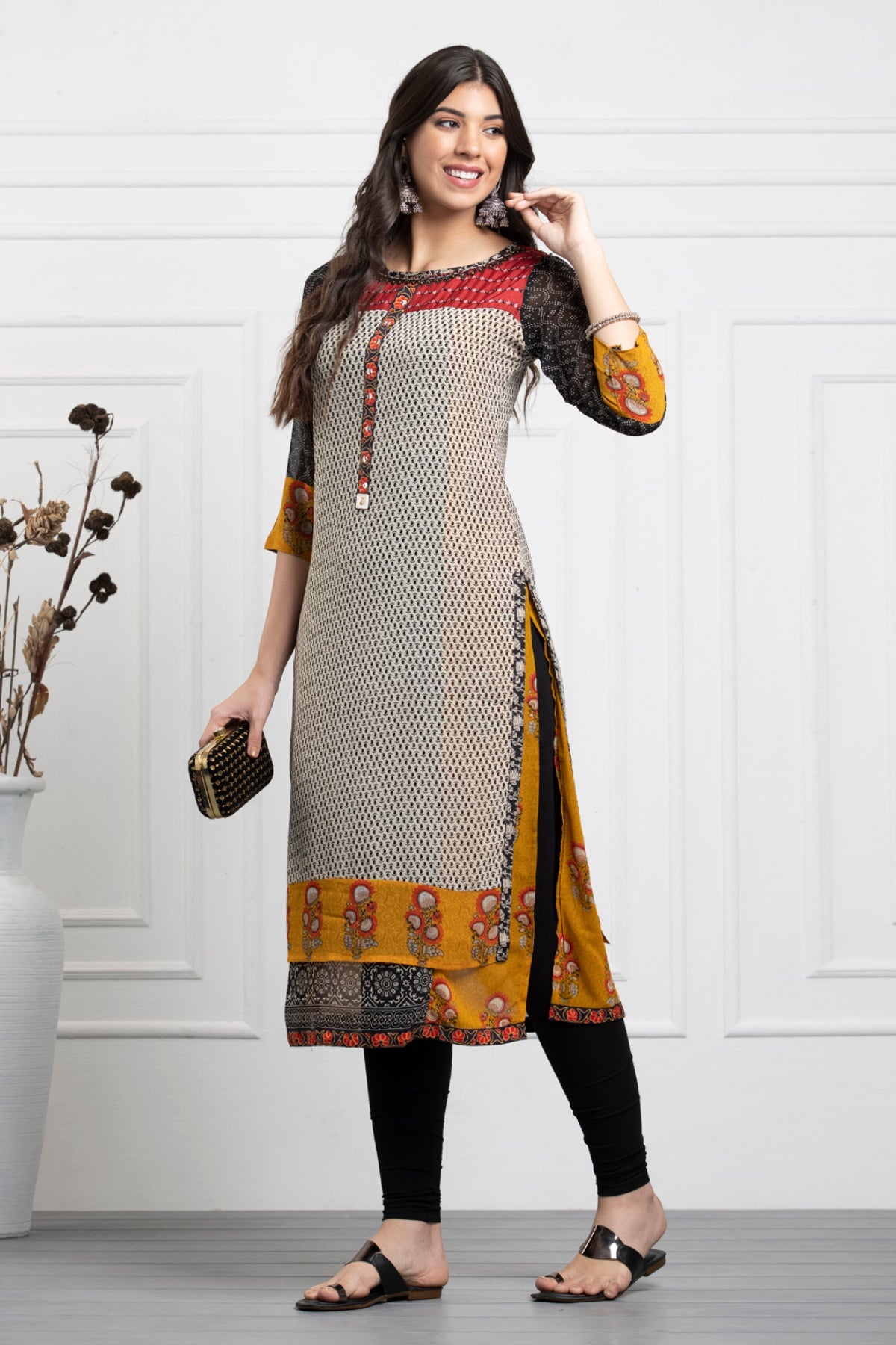 Black Cream Printed Straight Kurta