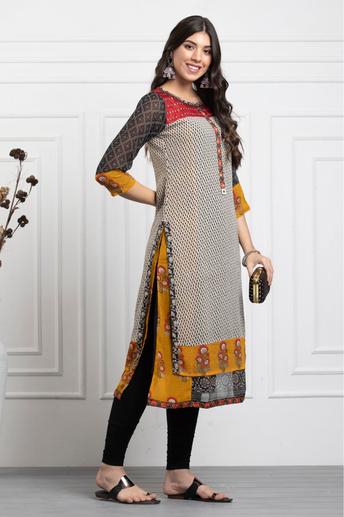 Black Cream Printed Straight Kurta