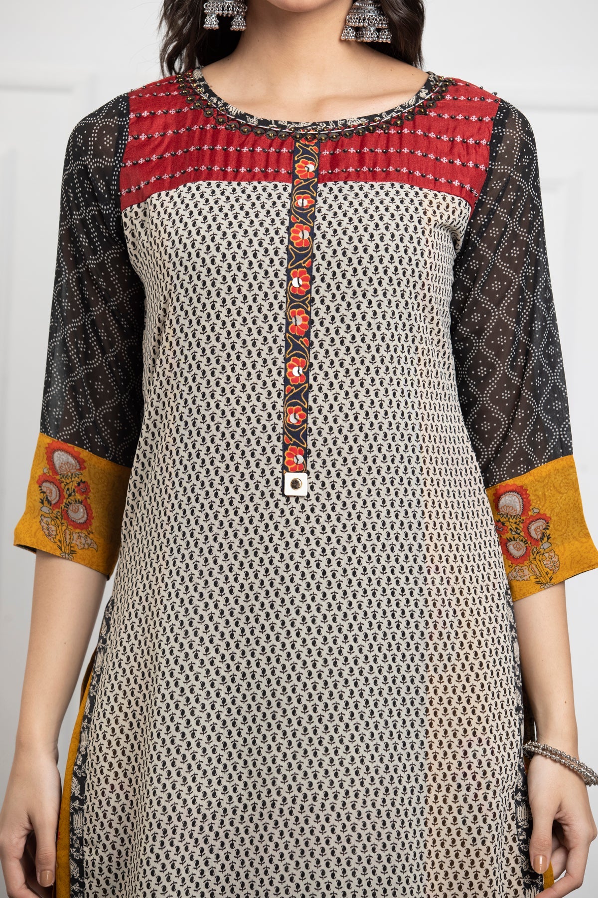 Black Cream Printed Straight Kurta