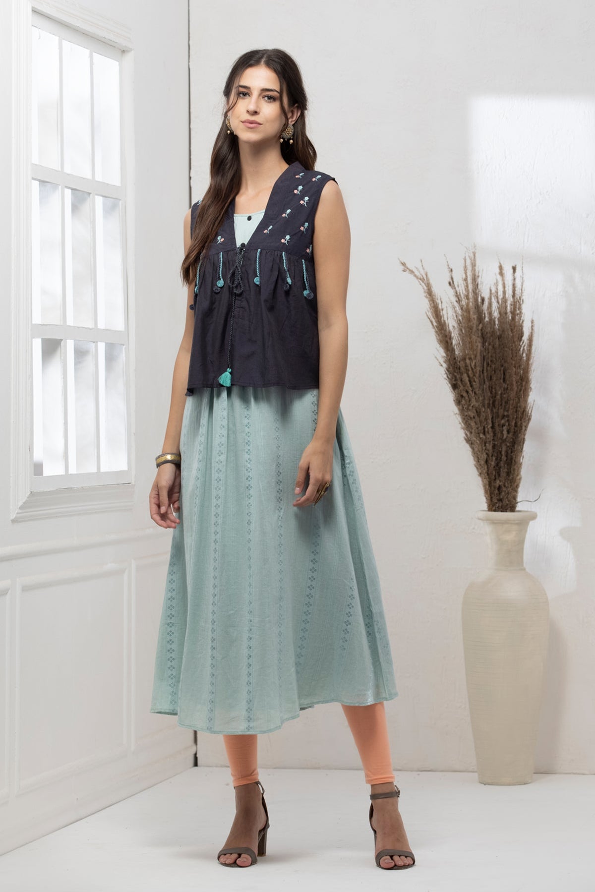 Blue Green Embroidered Jacket Dress