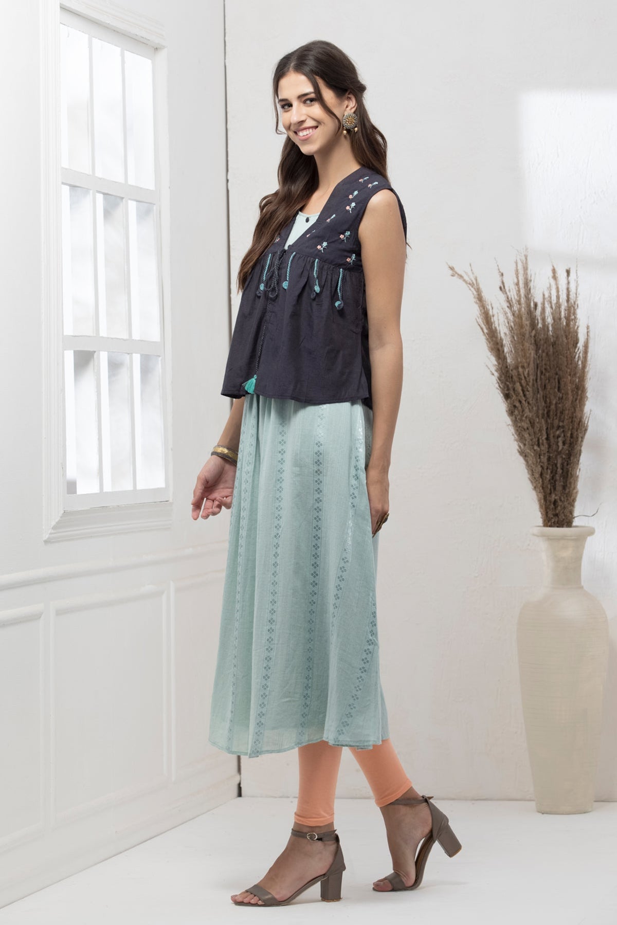 Blue Green Embroidered Jacket Dress