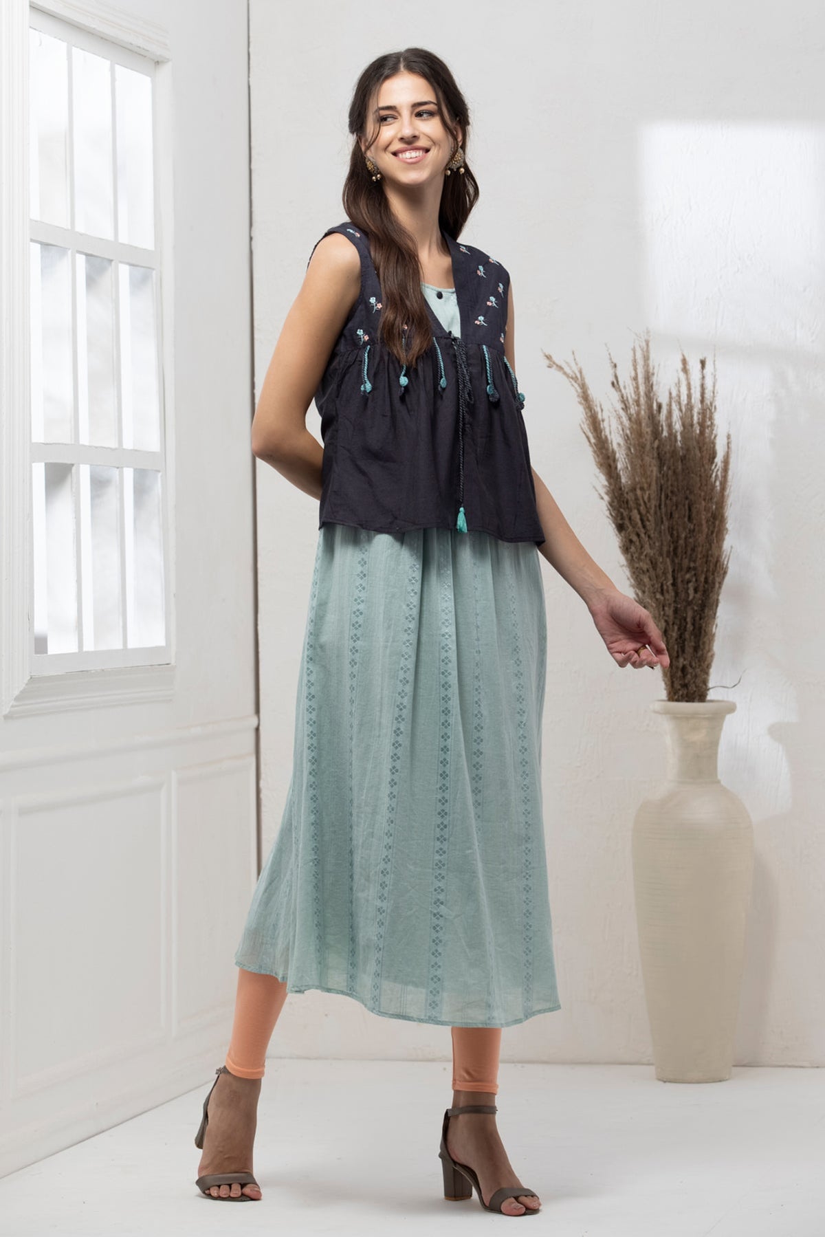 Blue Green Embroidered Jacket Dress