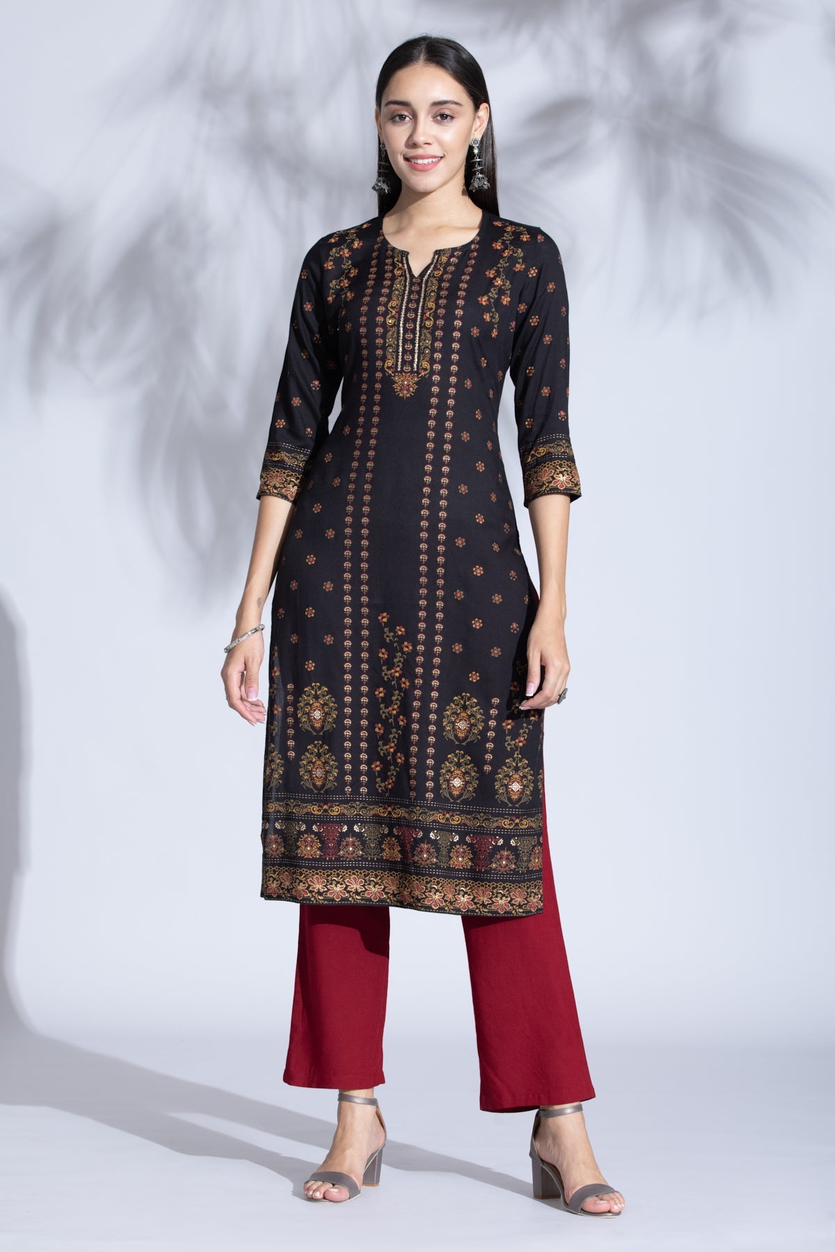 Black Straight Gold Print Kurta