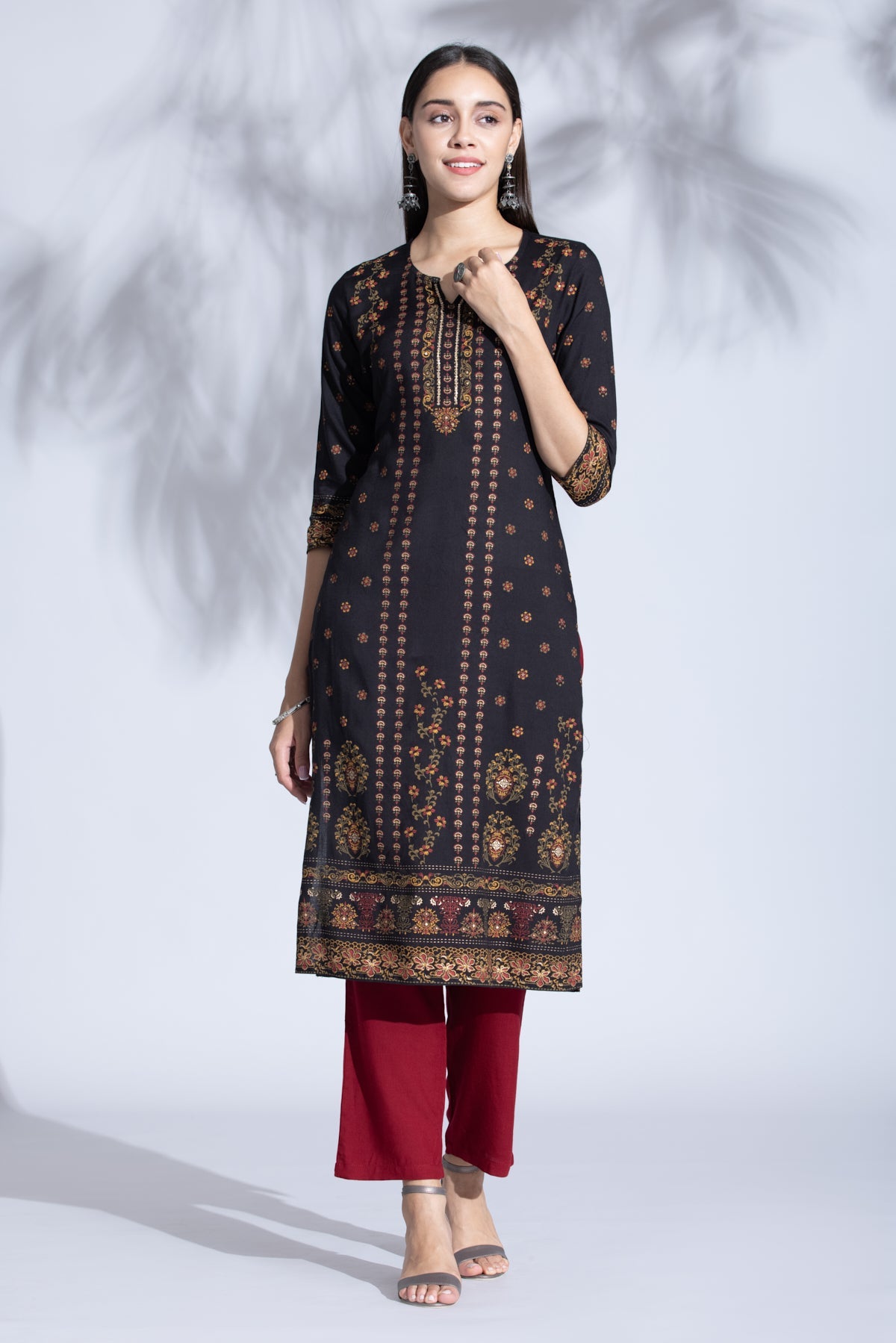 Black Straight Gold Print Kurta