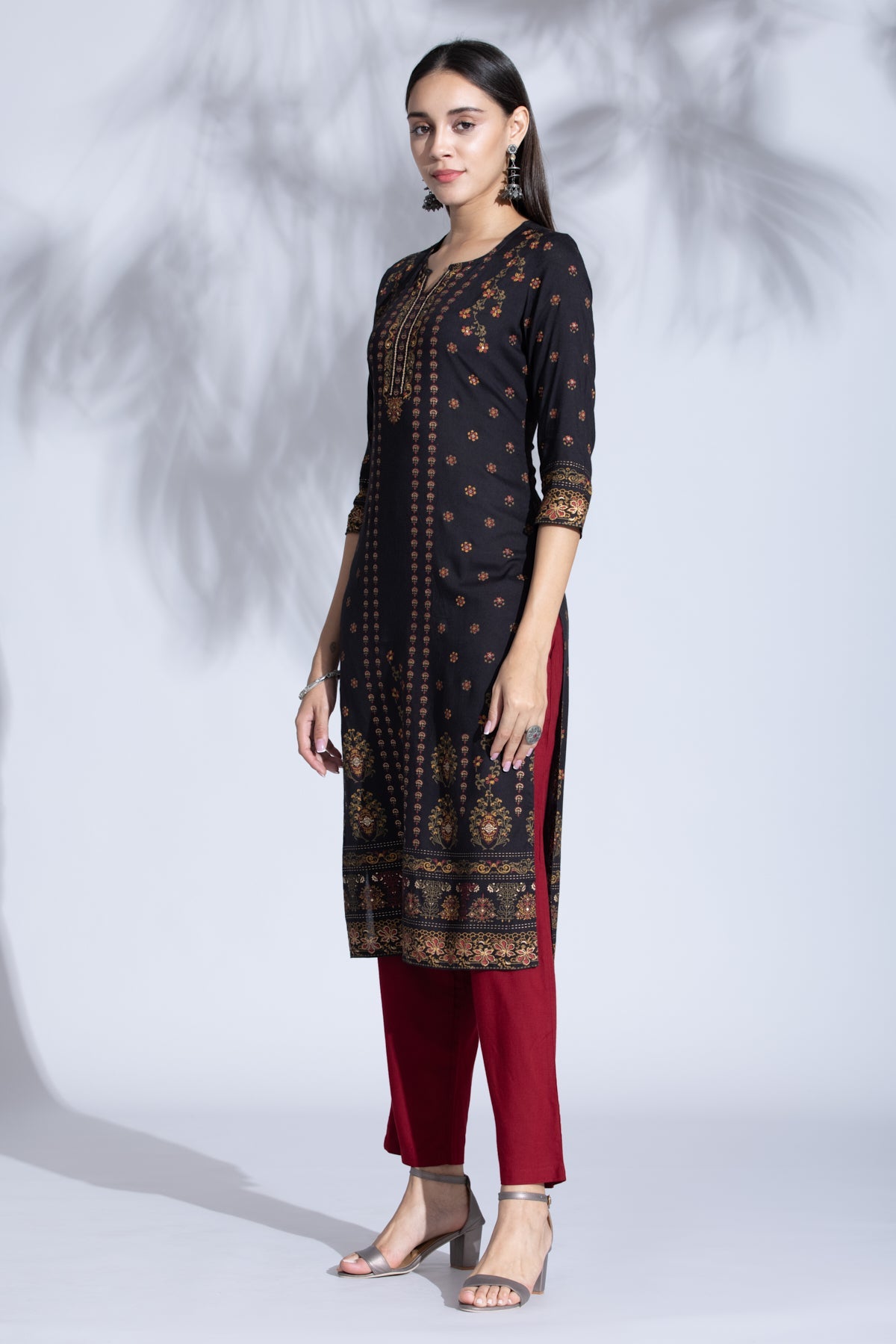 Black Straight Gold Print Kurta