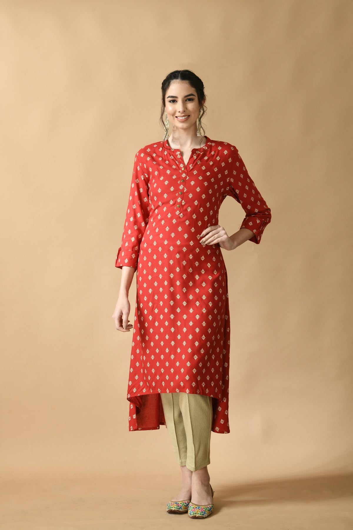 Red Printed High Low Kurta