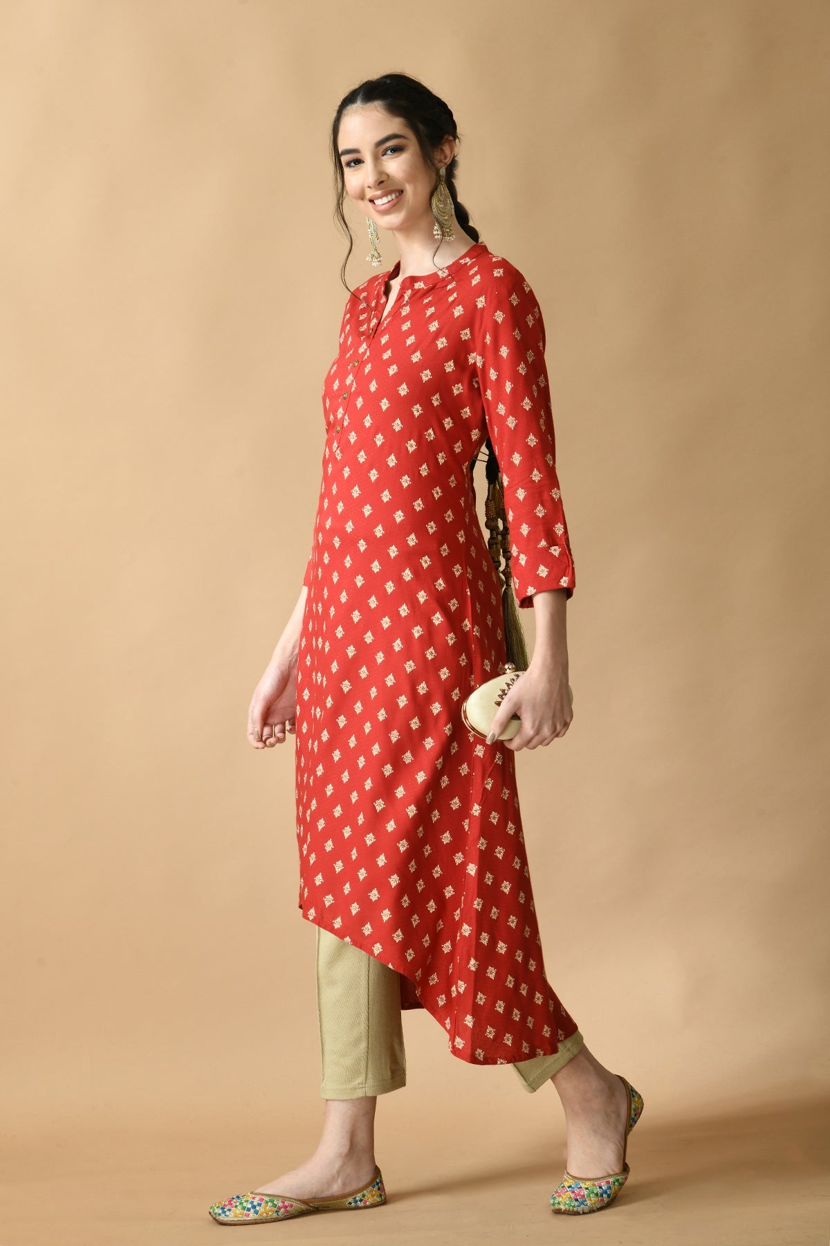 Red Printed High Low Kurta
