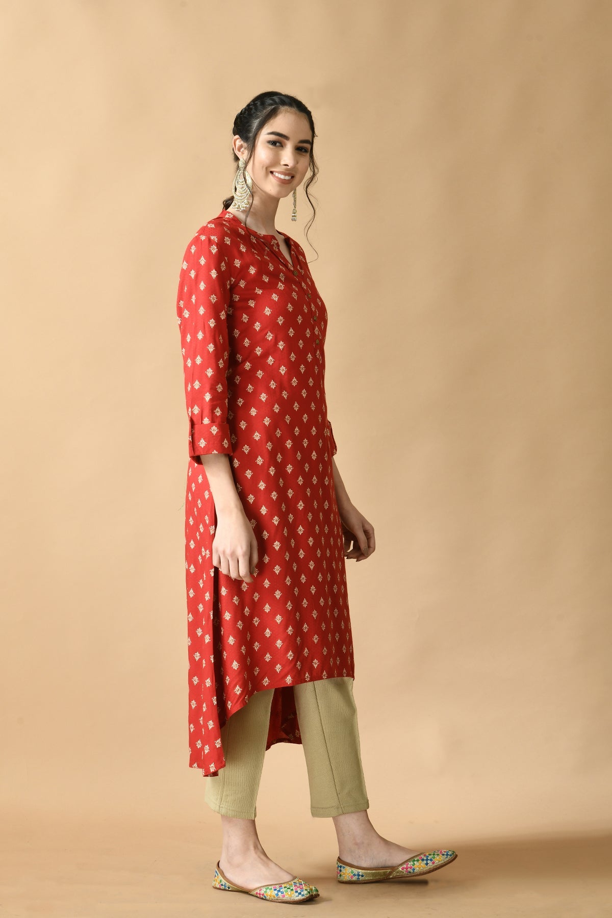 Red Printed High Low Kurta