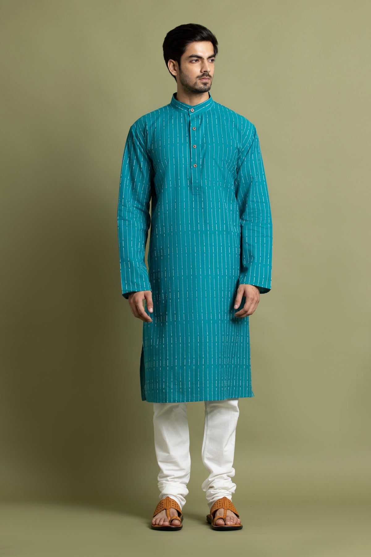 Sea Green Striped Straight Kurta