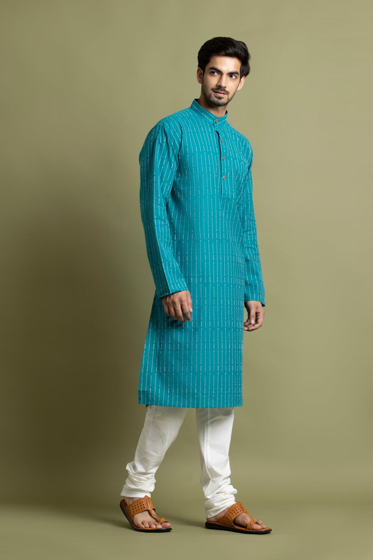 Sea Green Striped Straight Kurta