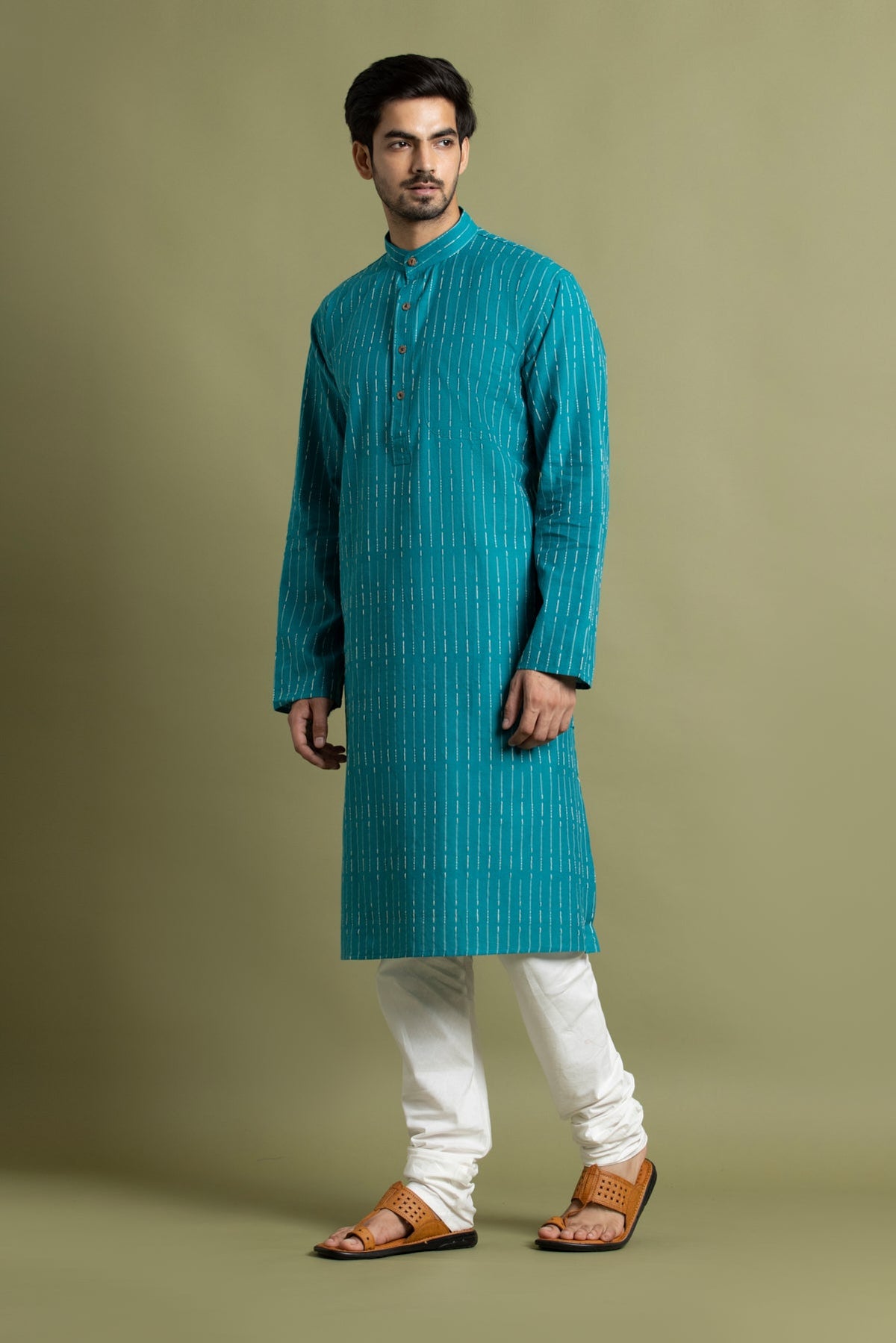 Sea Green Striped Straight Kurta