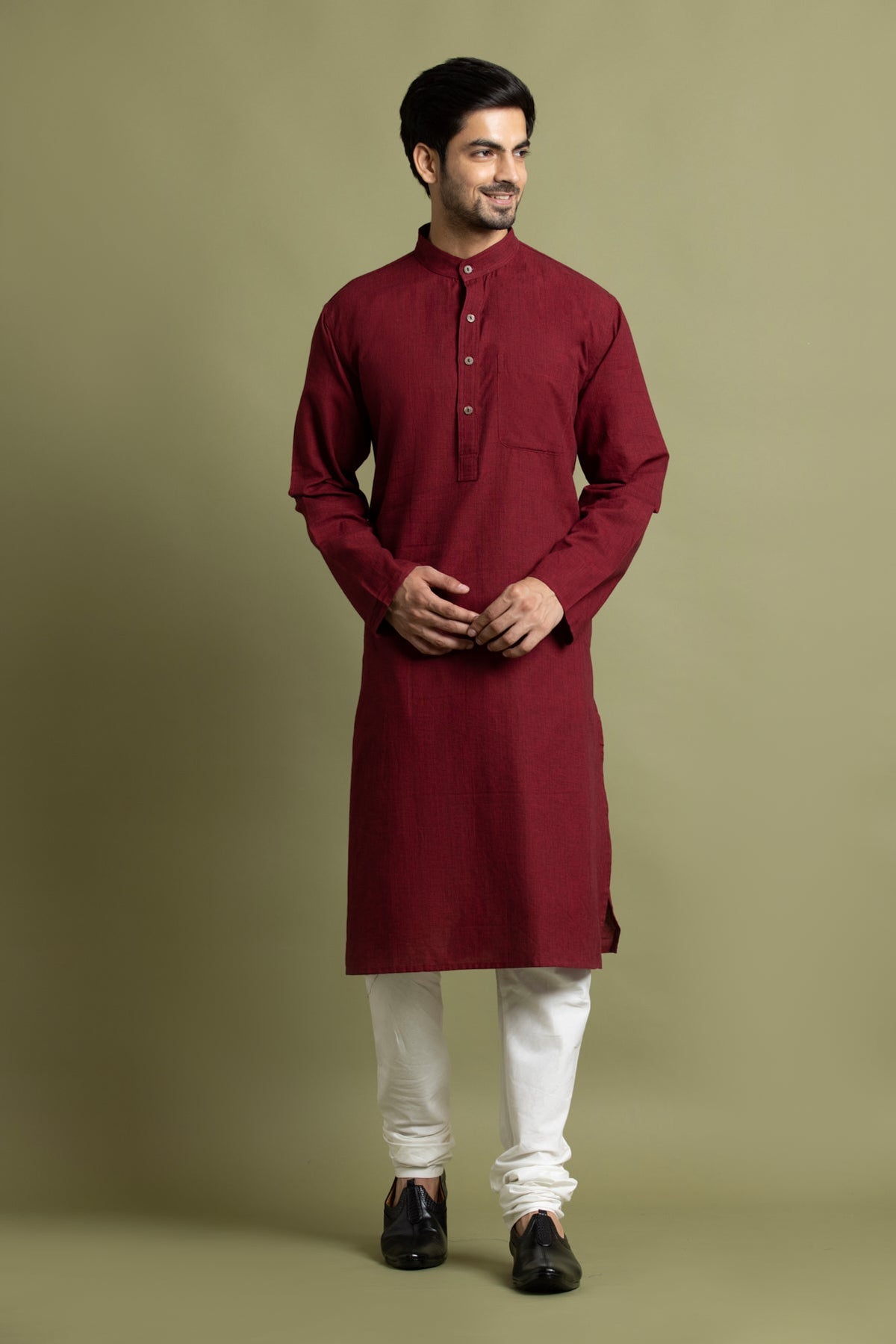Maroon Solid Handloom Kurta