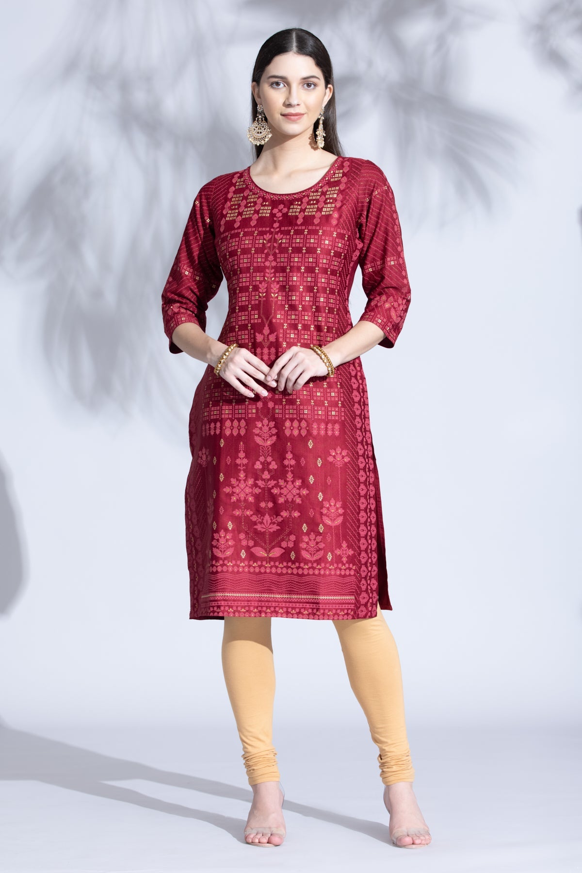 Maroon Gold Foil Print Straight Kurta