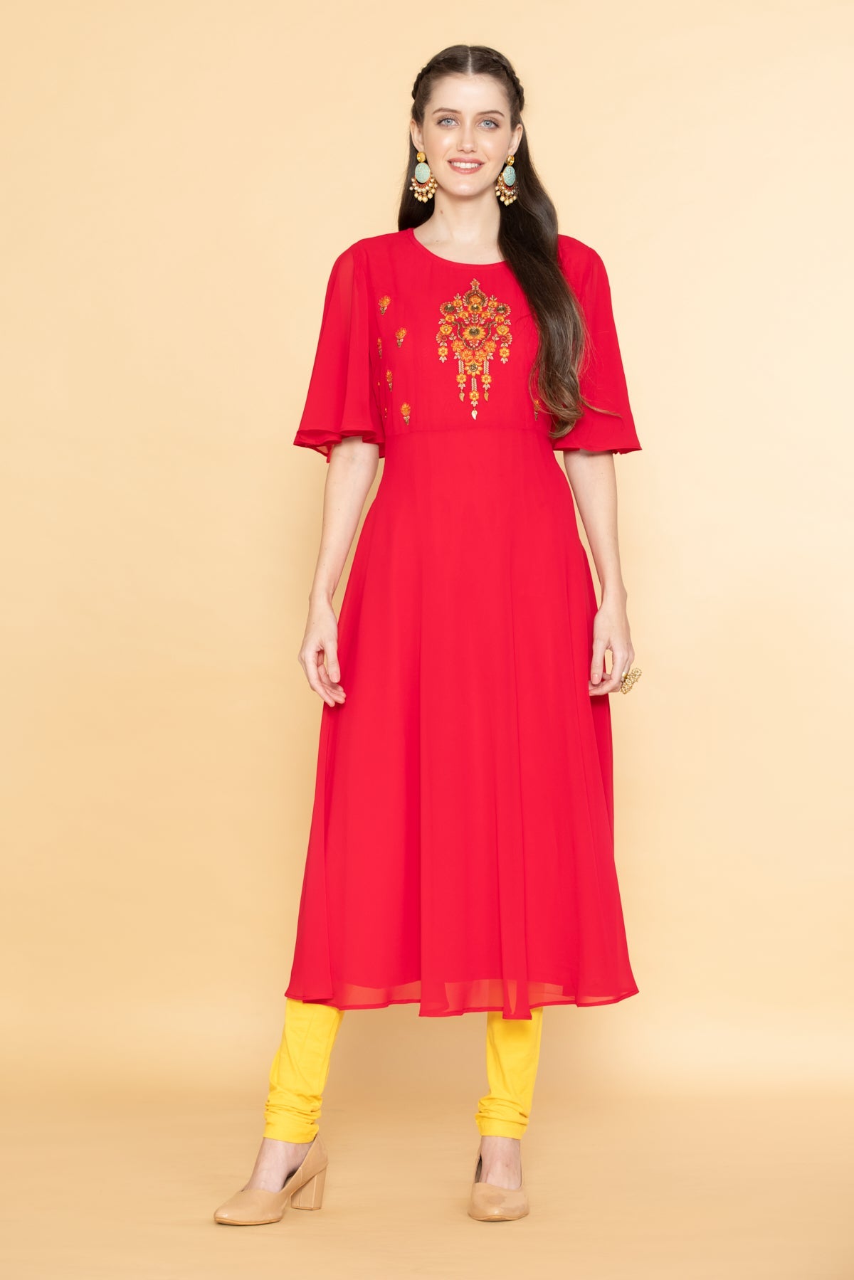 Pink Yoke Embroidered Midi Dress