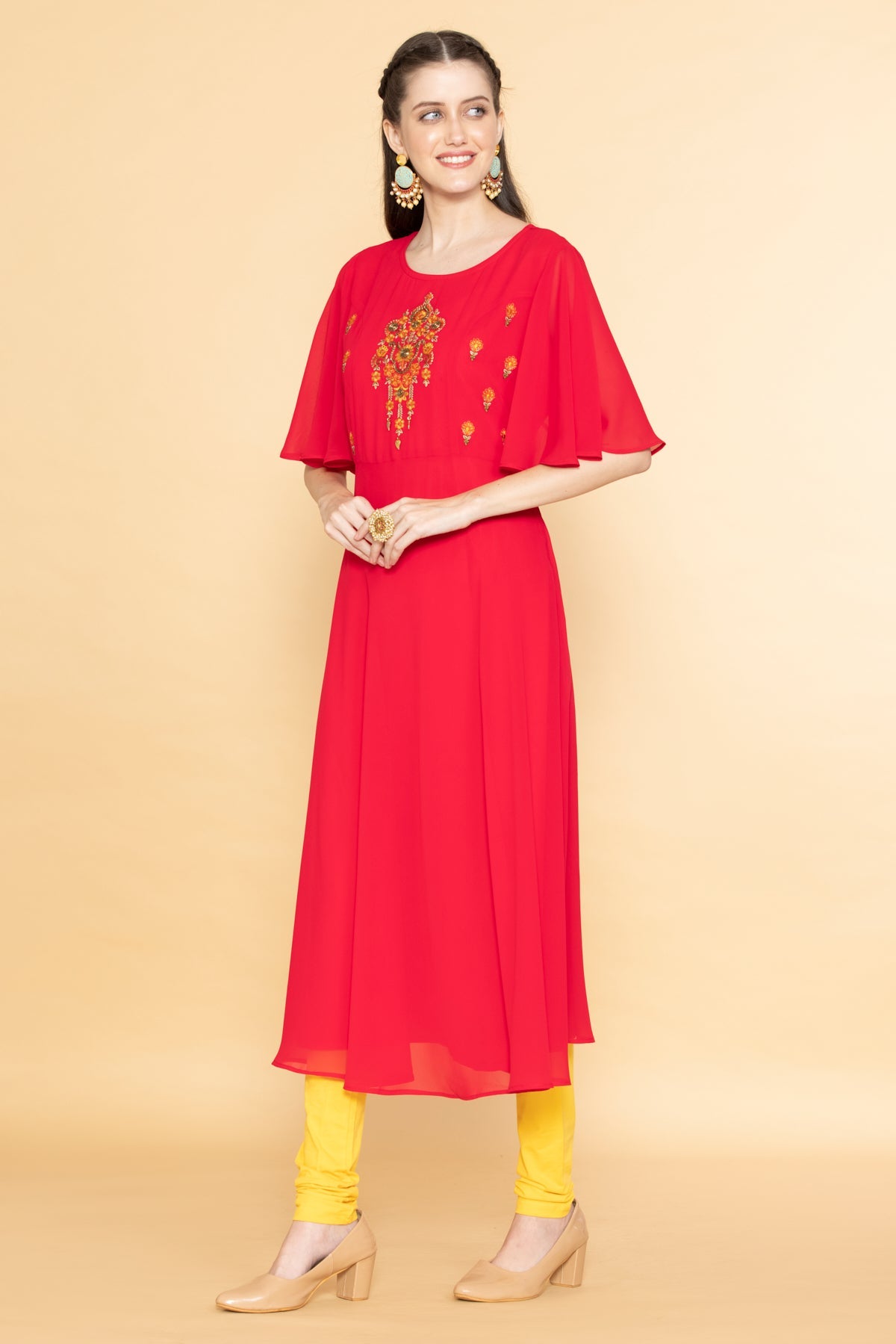 Pink Yoke Embroidered Midi Dress