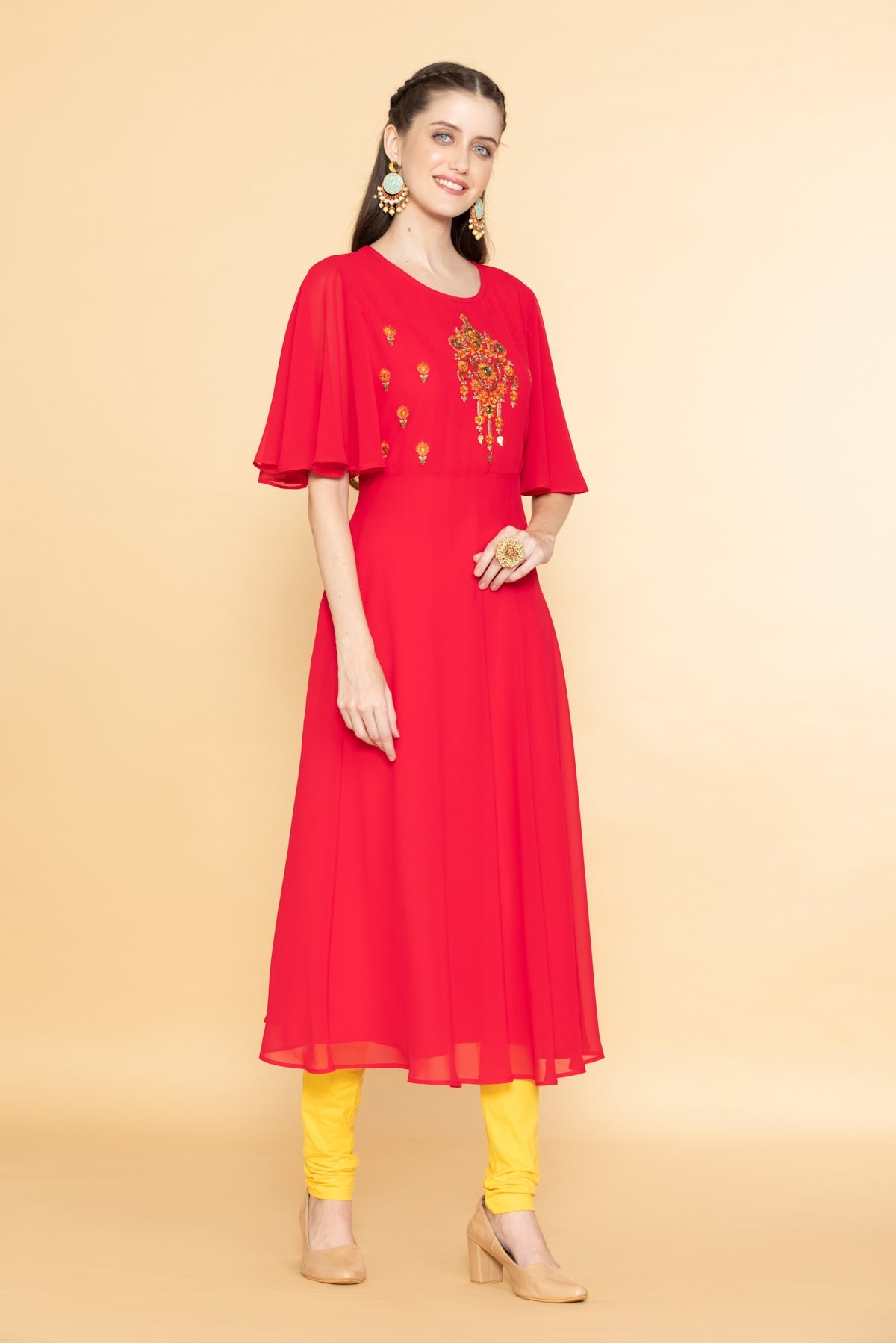 Pink Yoke Embroidered Midi Dress