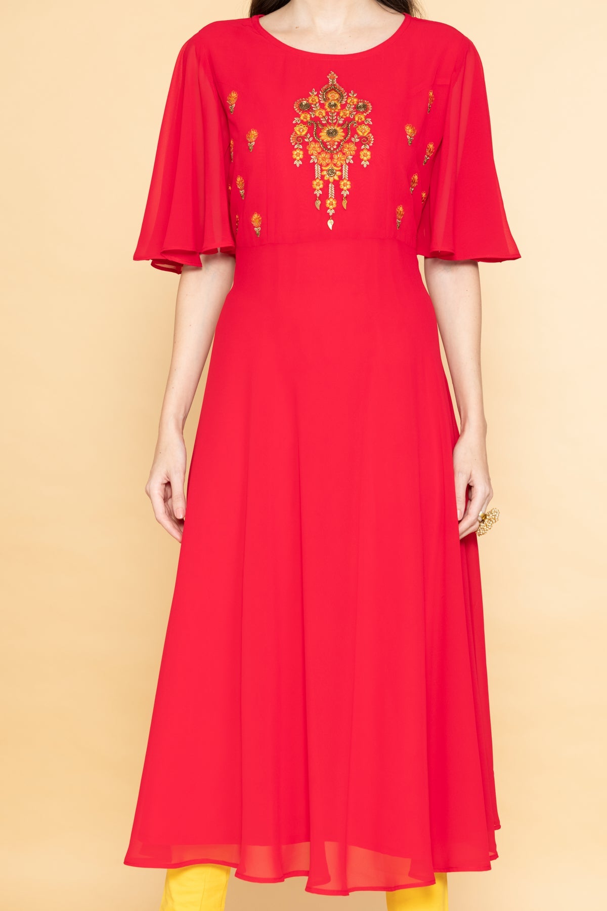 Pink Yoke Embroidered Midi Dress