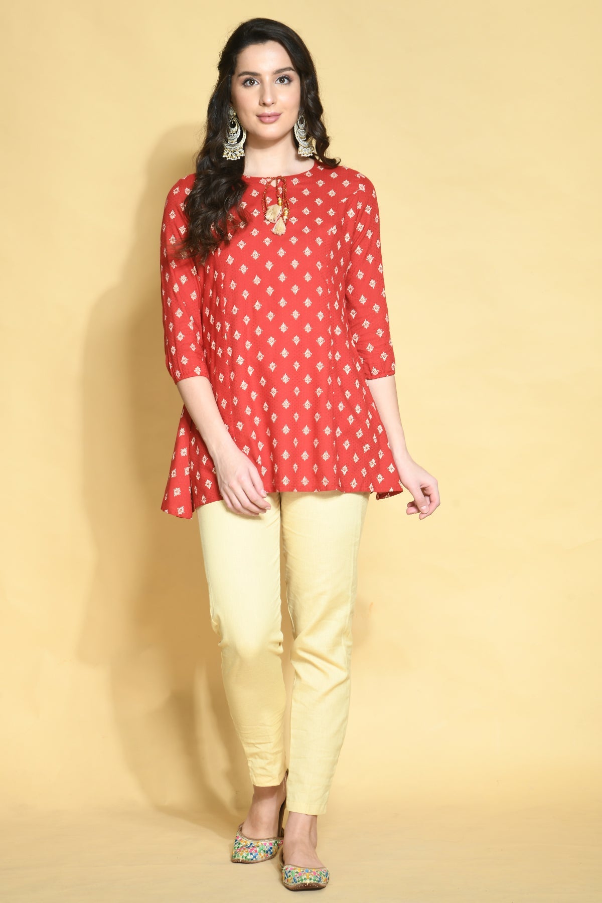 Red Printed Rayon Short Kurti