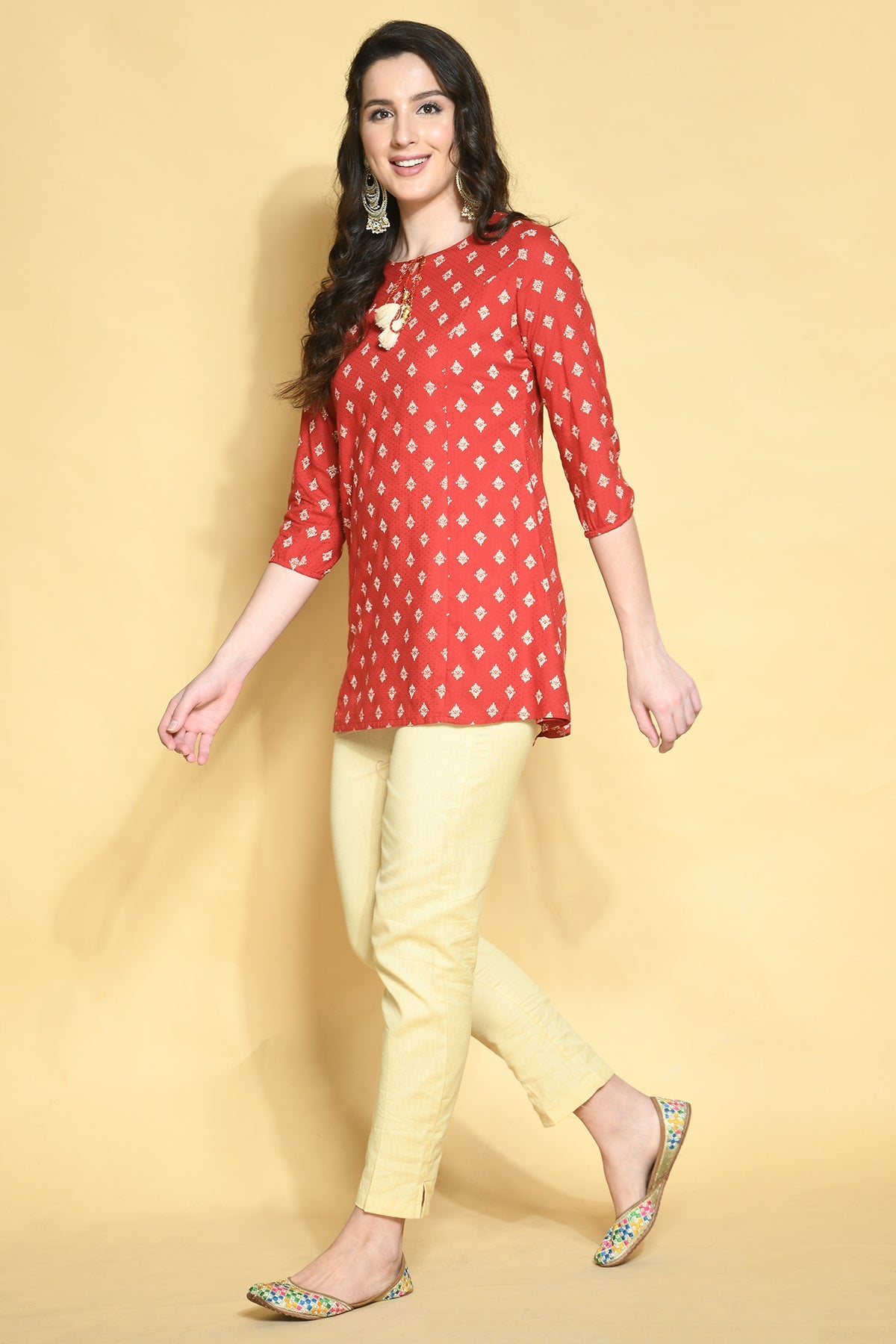 Red Printed Rayon Short Kurti