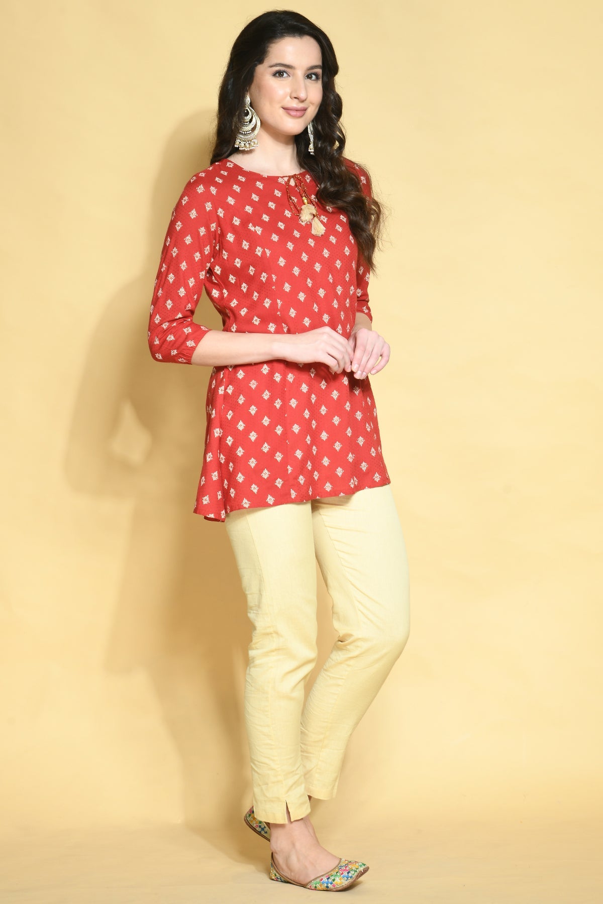 Red Printed Rayon Short Kurti