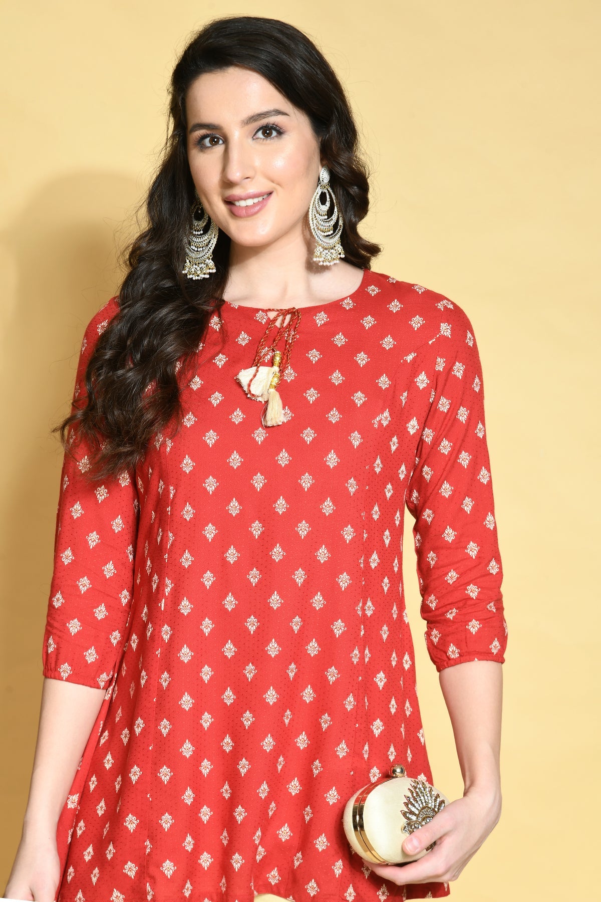 Red Printed Rayon Short Kurti