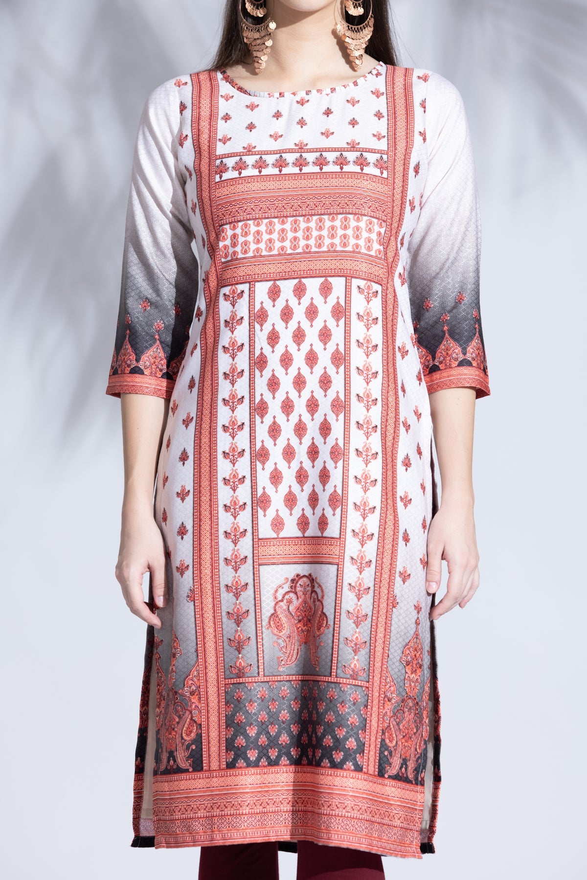 Cream Printed Straight Kurta