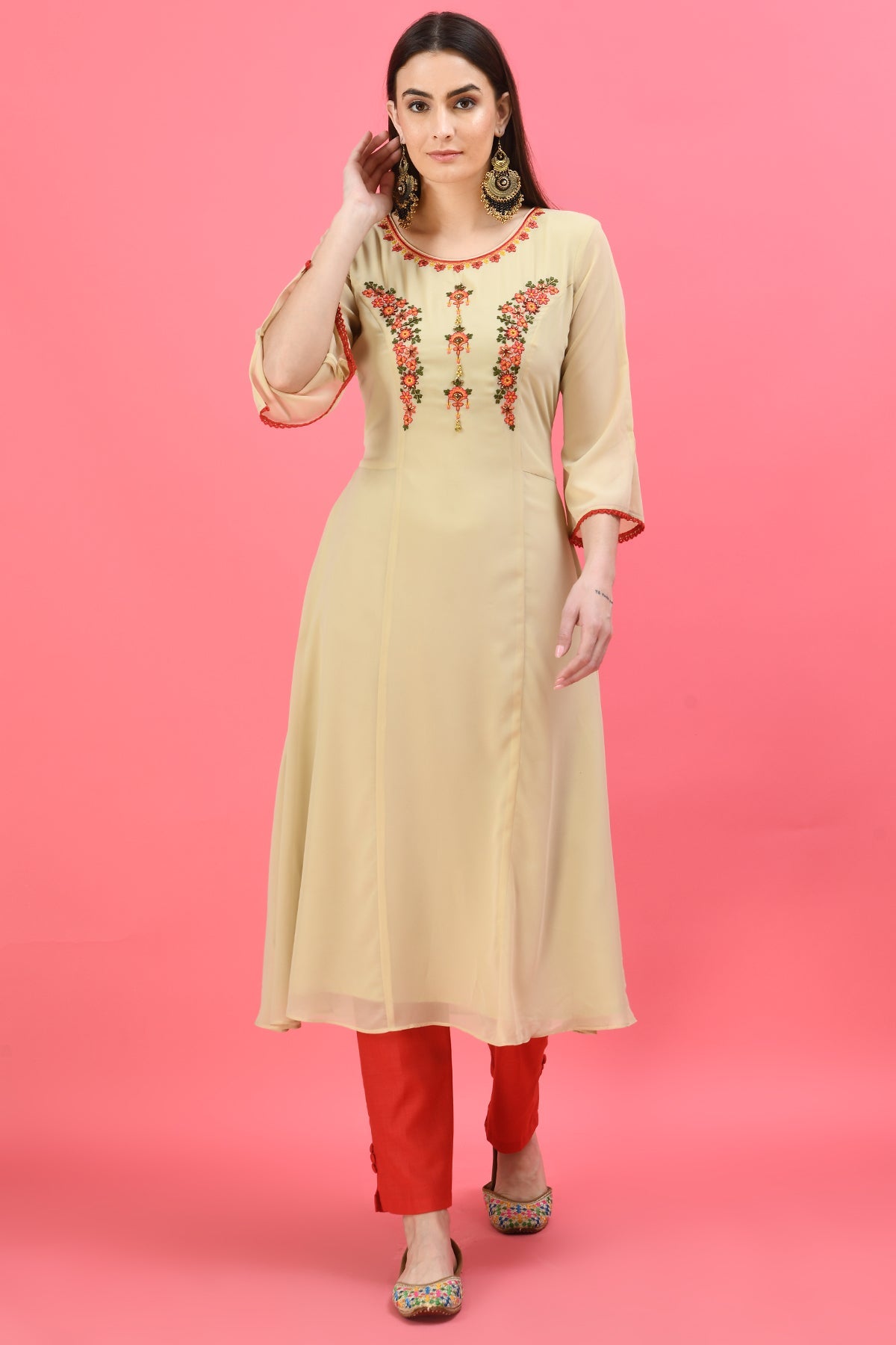 Beige Embroidered Midi Dress