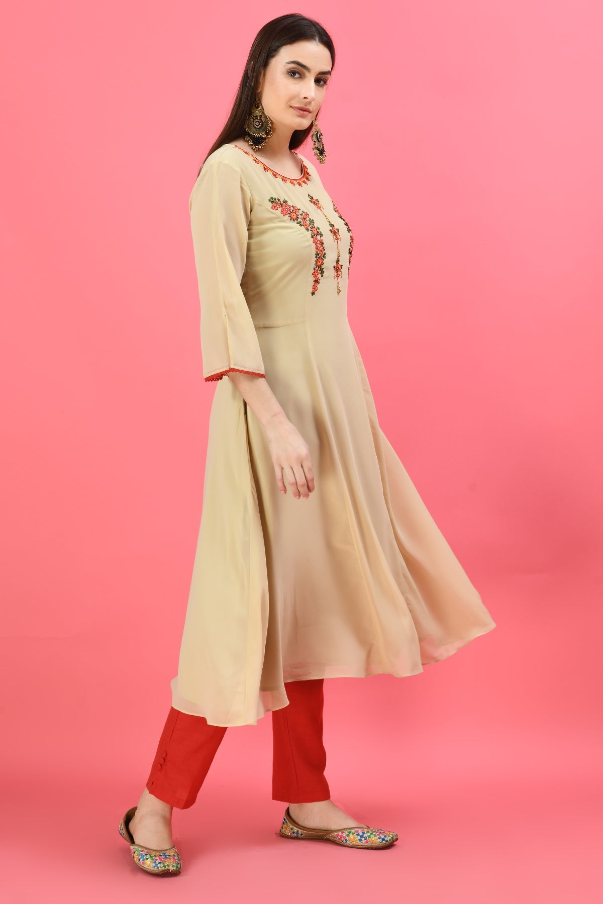 Beige Embroidered Midi Dress