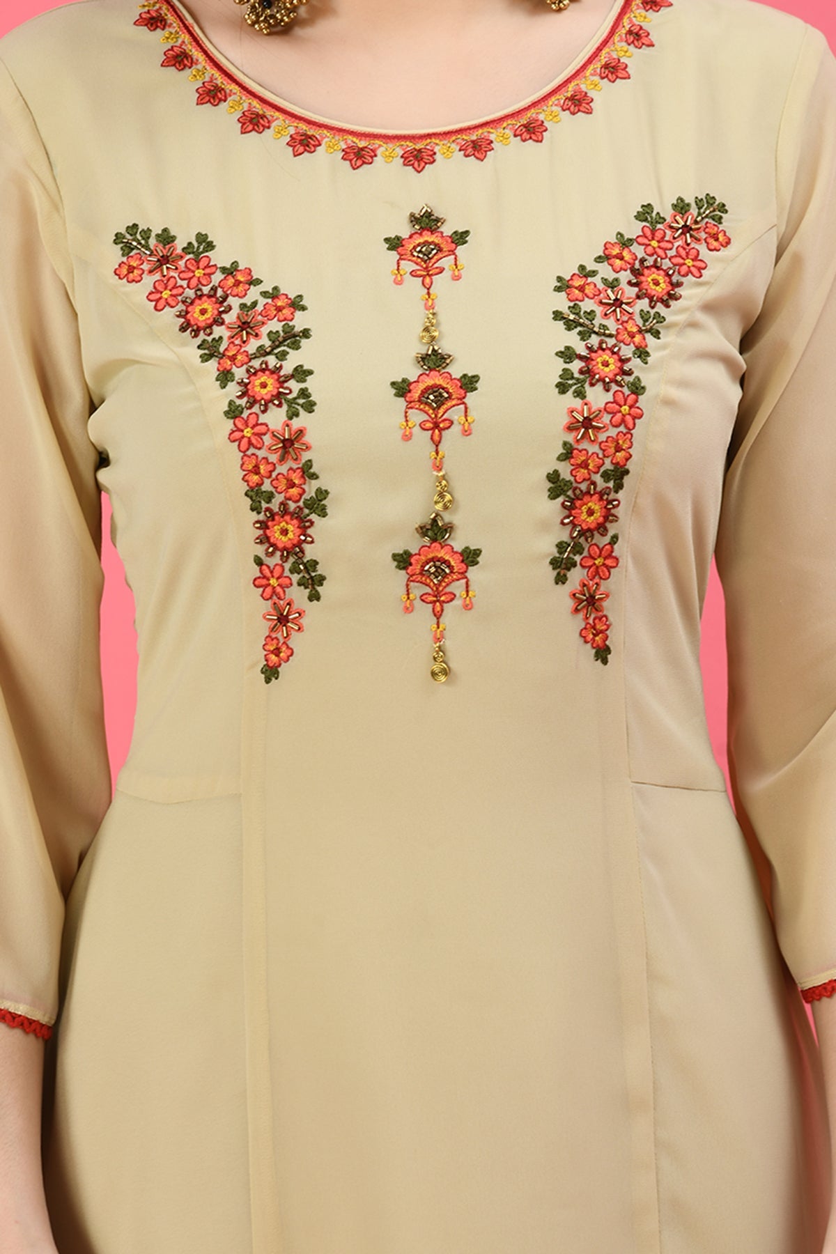 Beige Embroidered Midi Dress