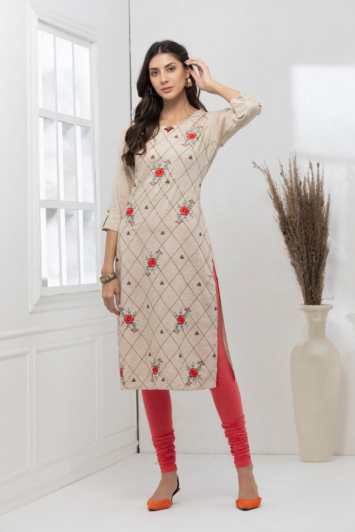 Beige Embroidered Straight Kurta