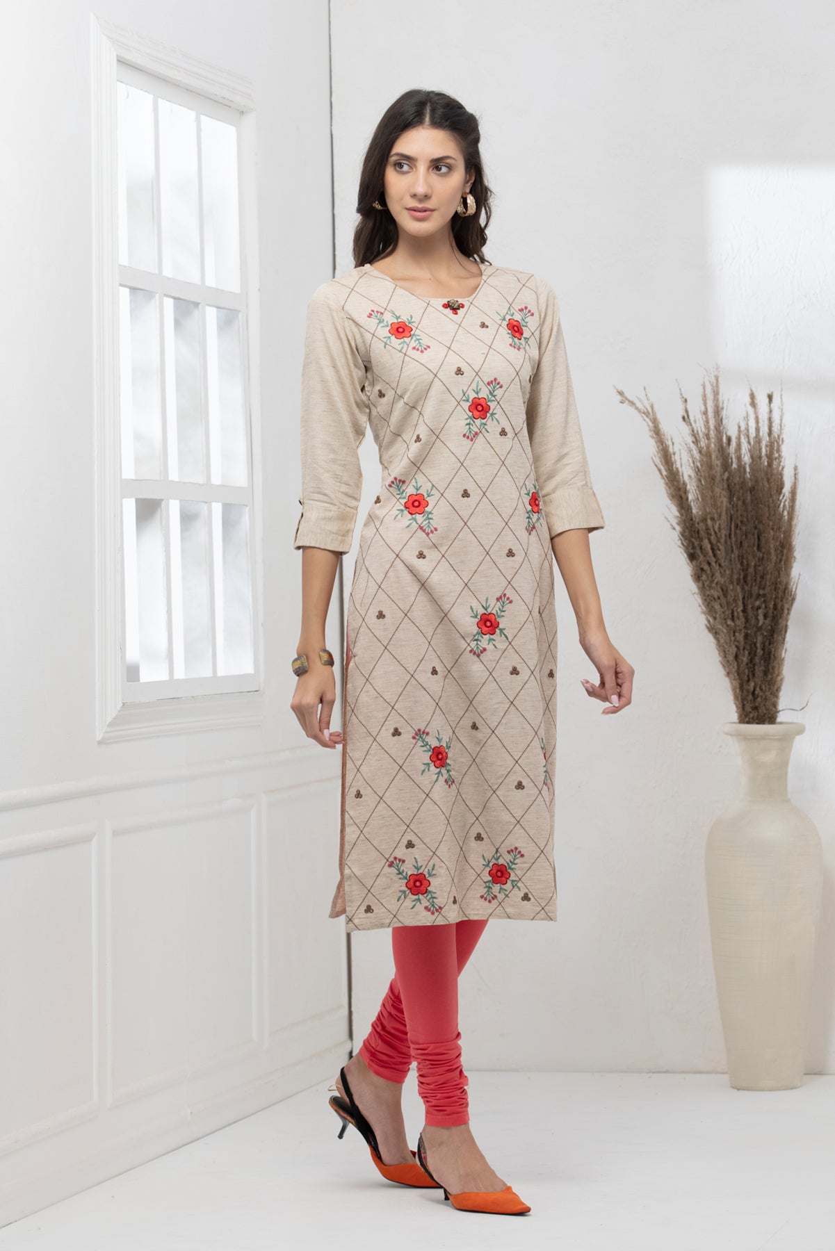 Beige Embroidered Straight Kurta