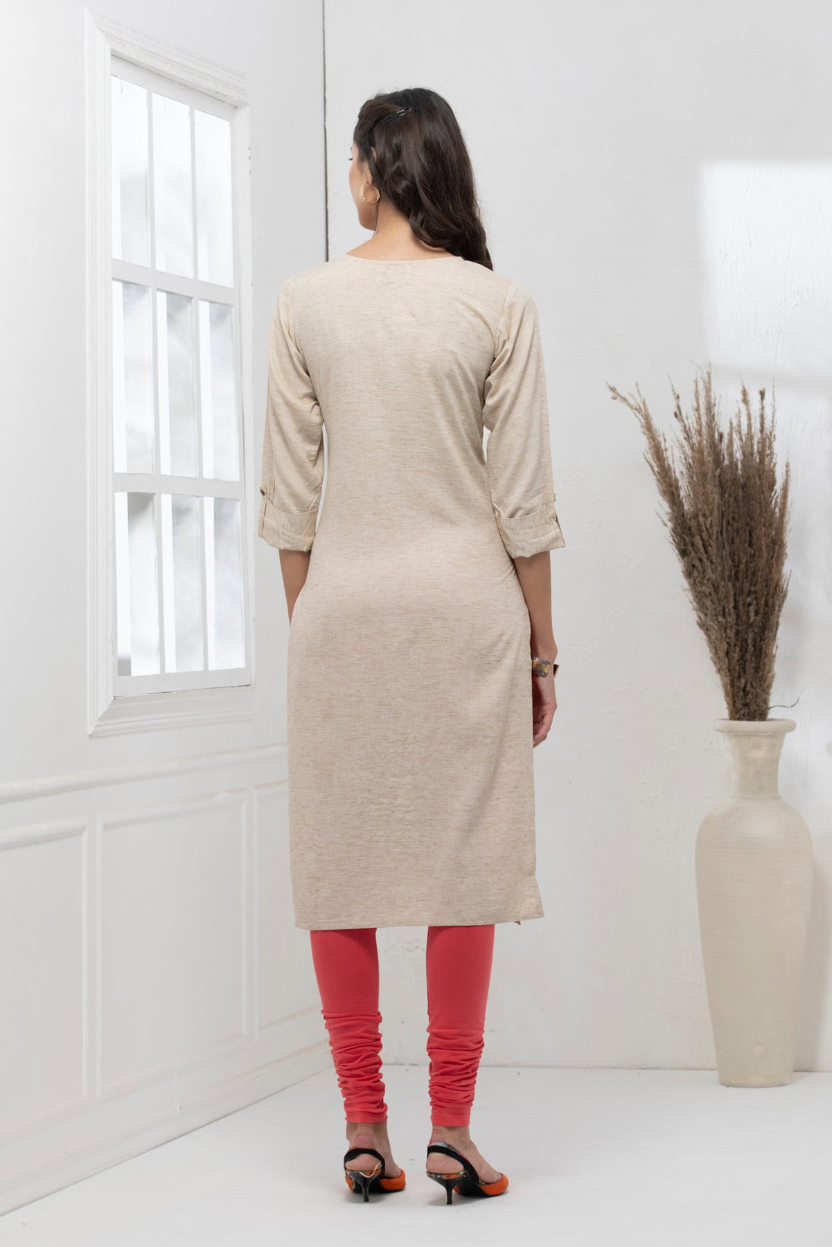 Beige Embroidered Straight Kurta