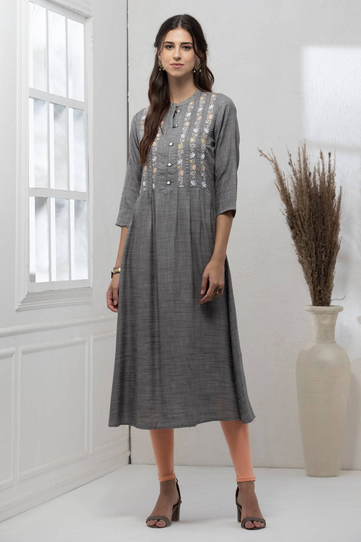 Grey Yoke Embroidered Dress