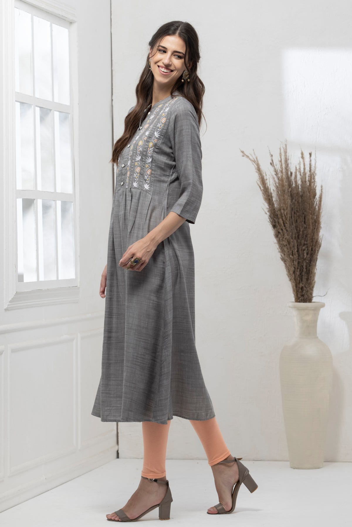 Grey Yoke Embroidered Dress