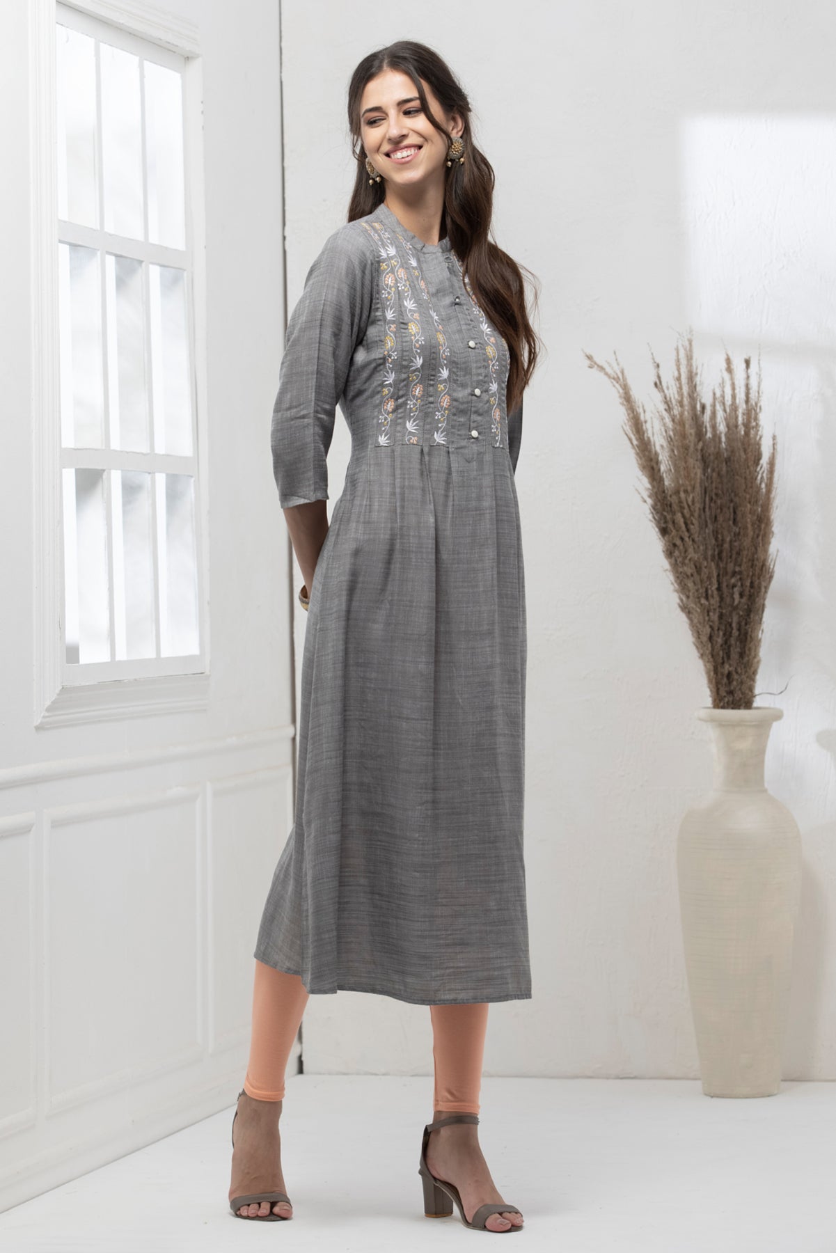 Grey Yoke Embroidered Dress