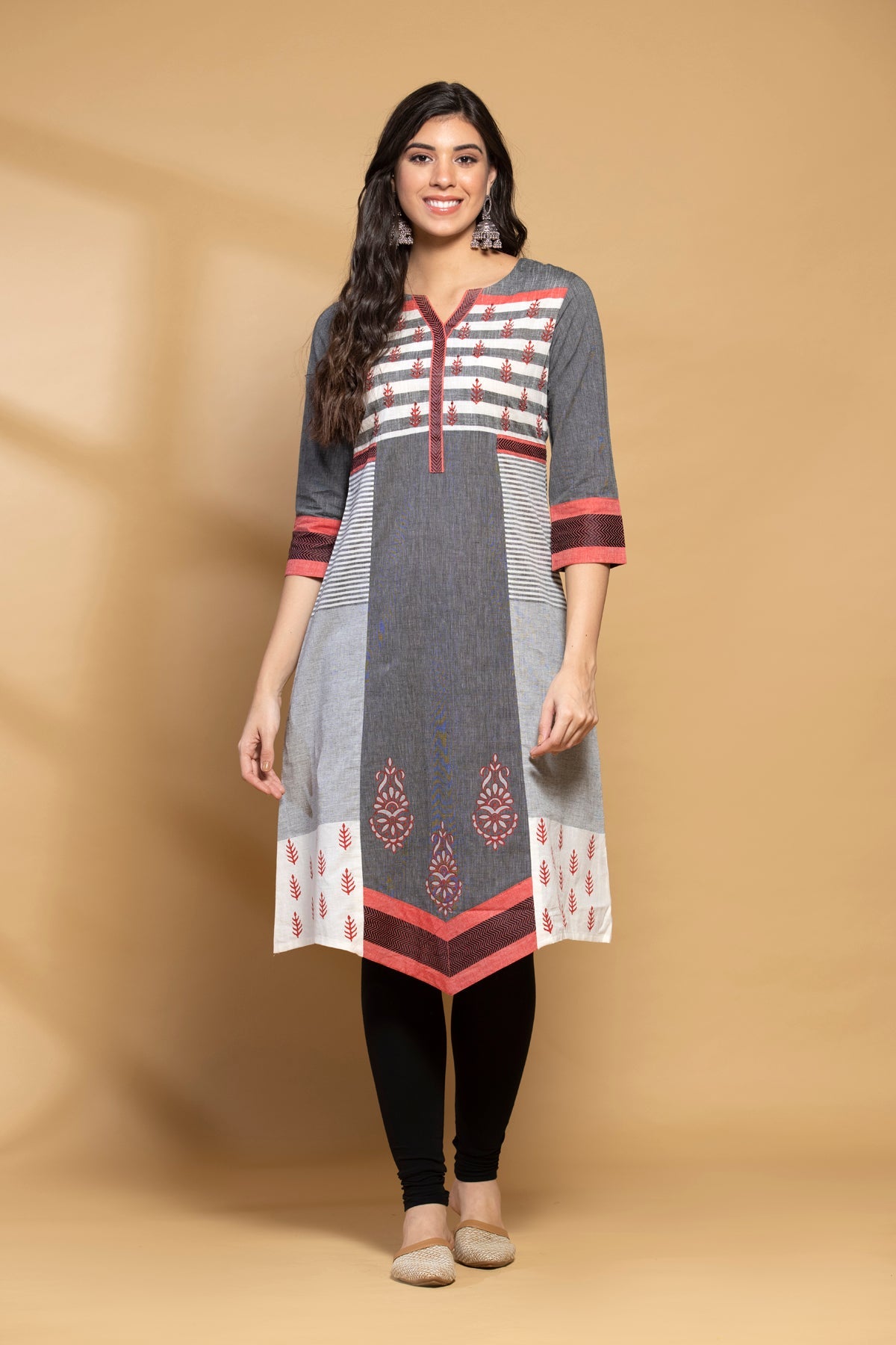 Grey Peach Yoke Design Kurta