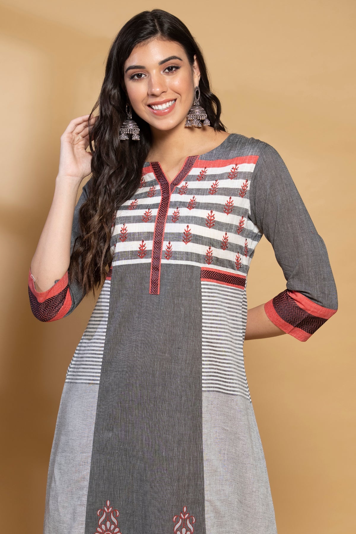 Grey Peach Yoke Design Kurta