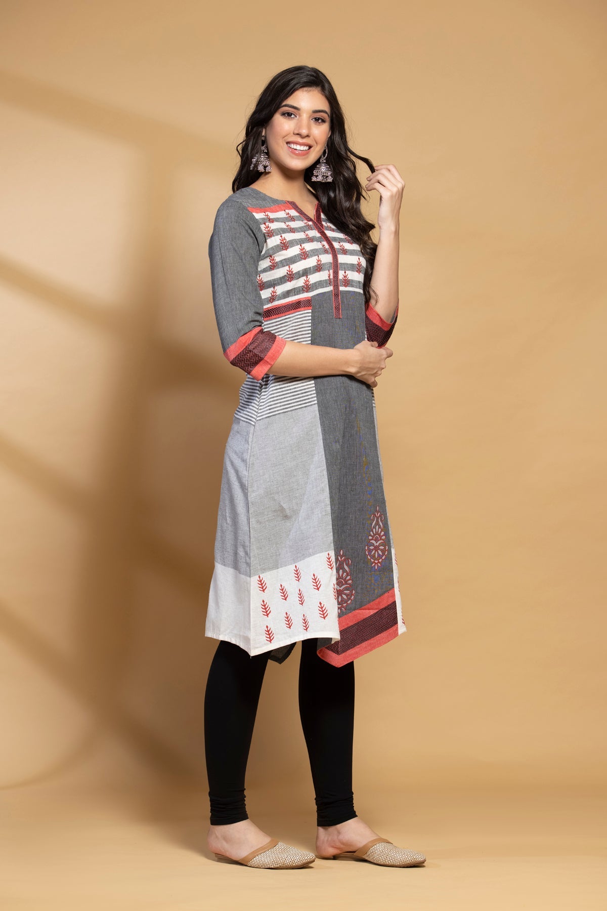 Grey Peach Yoke Design Kurta