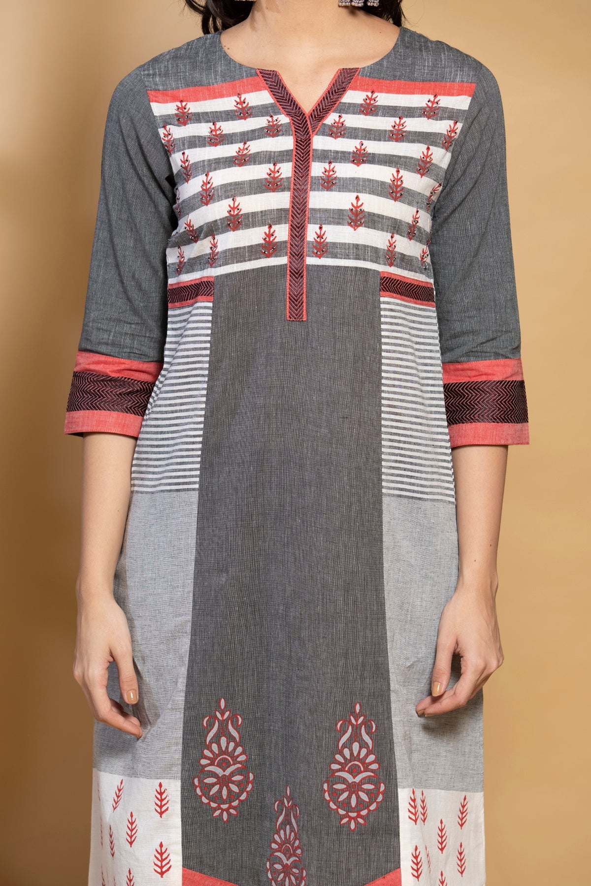 Grey Peach Yoke Design Kurta