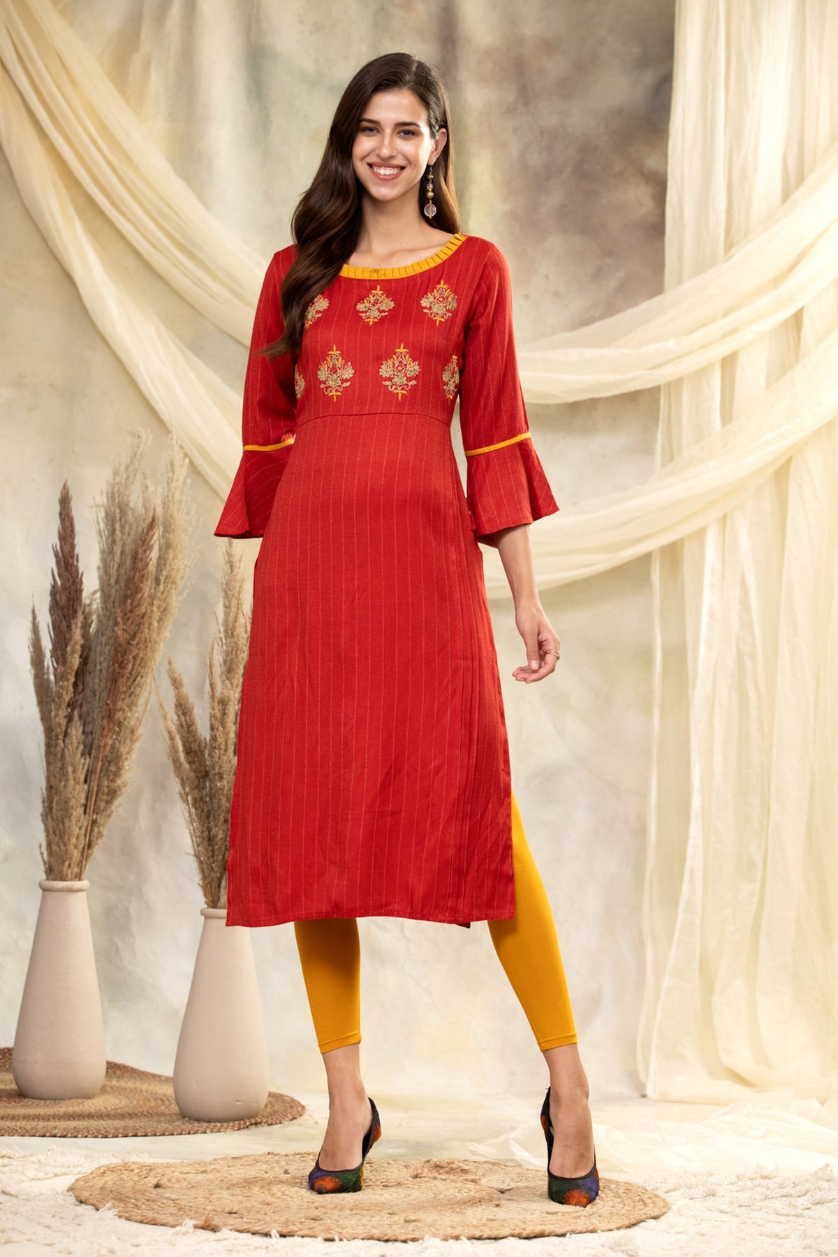 Rust Embroidered Straight Kurta