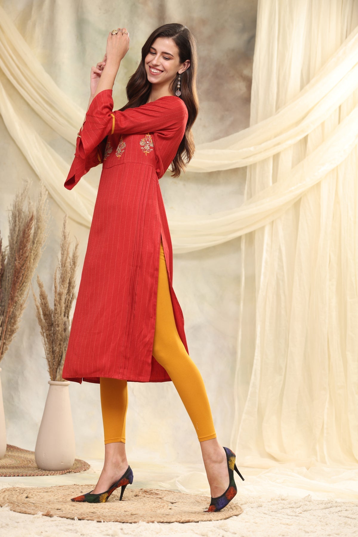 Rust Embroidered Straight Kurta
