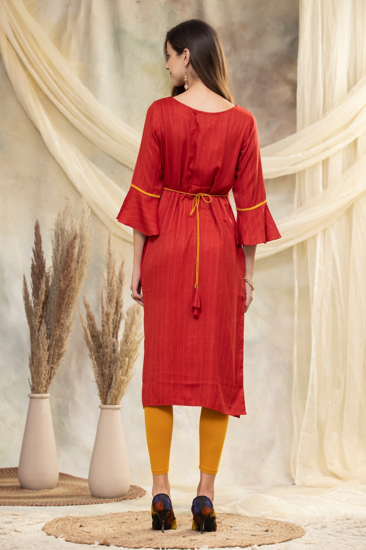 Rust Embroidered Straight Kurta