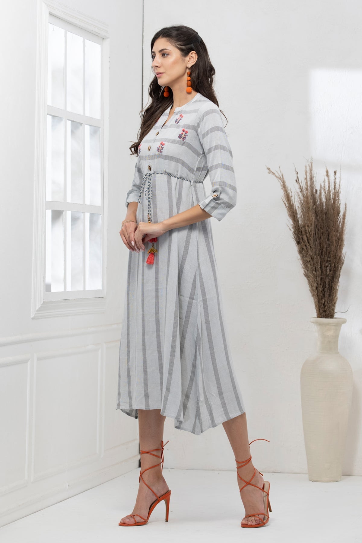 Grey Yoke Embroidered Dress