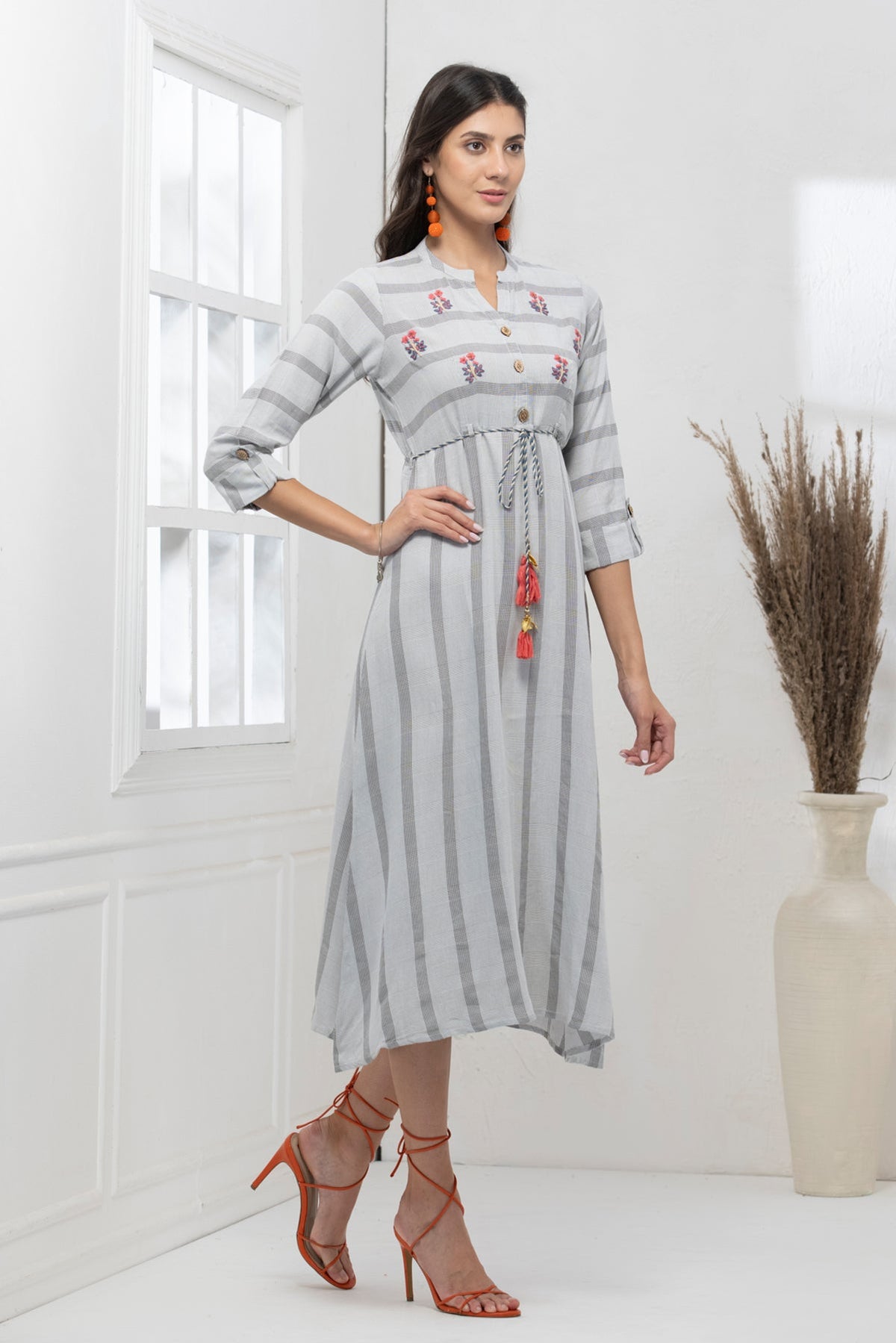 Grey Yoke Embroidered Dress