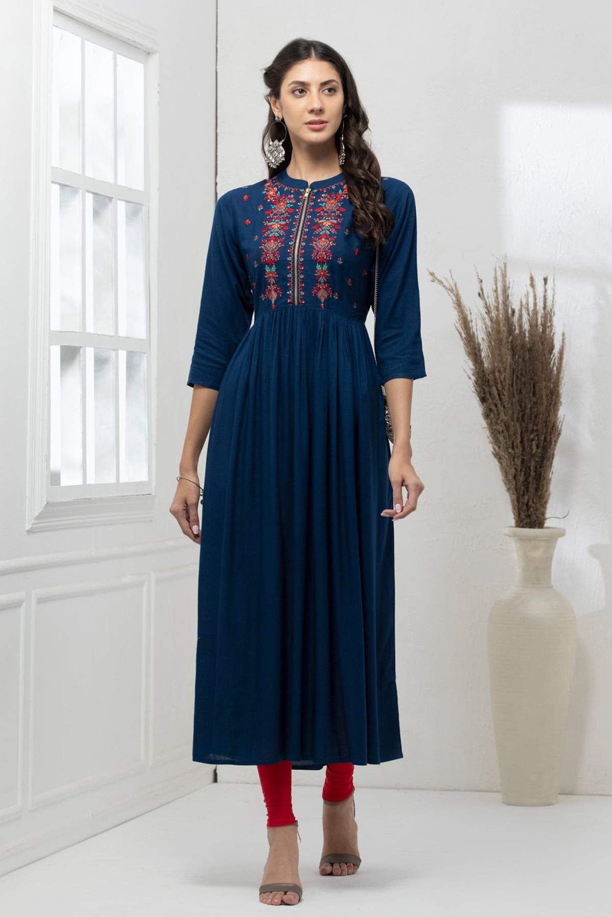 Peacock Blue Yoke Embroidered Dress