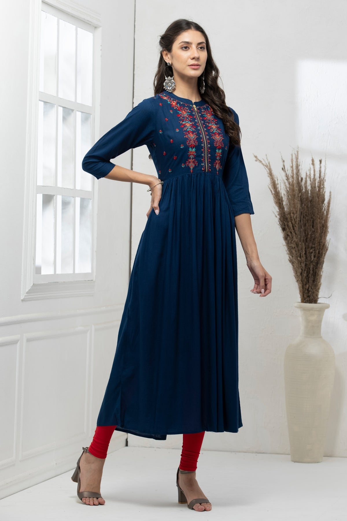 Peacock Blue Yoke Embroidered Dress