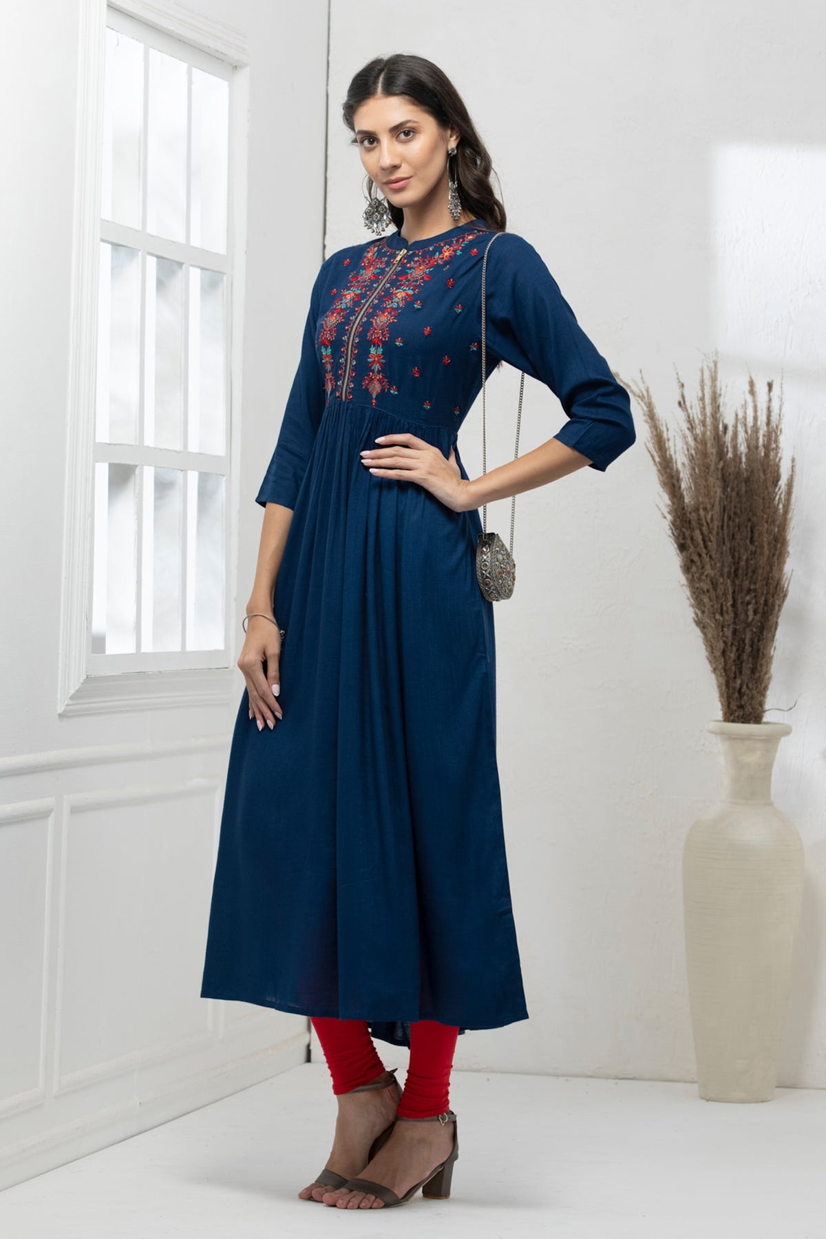 Peacock Blue Yoke Embroidered Dress