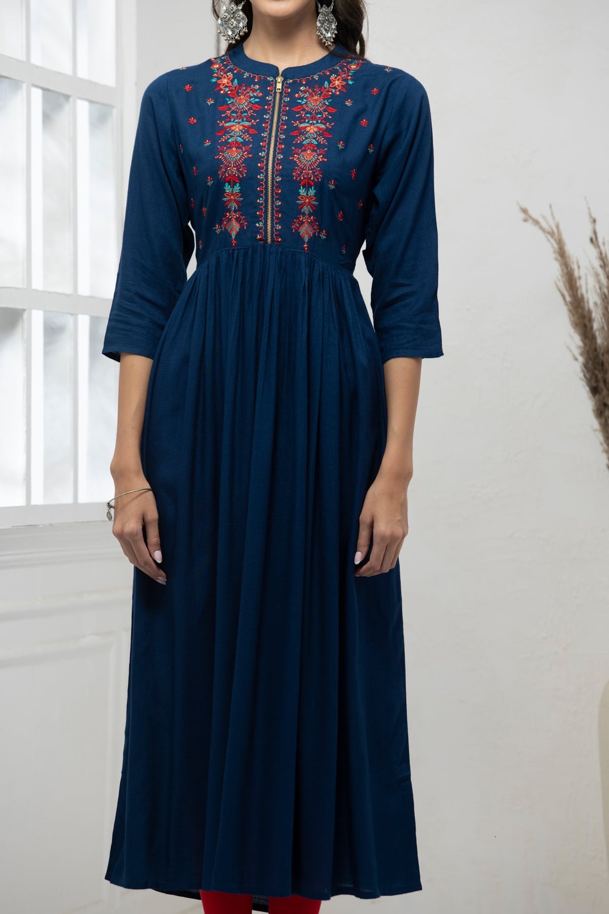 Peacock Blue Yoke Embroidered Dress