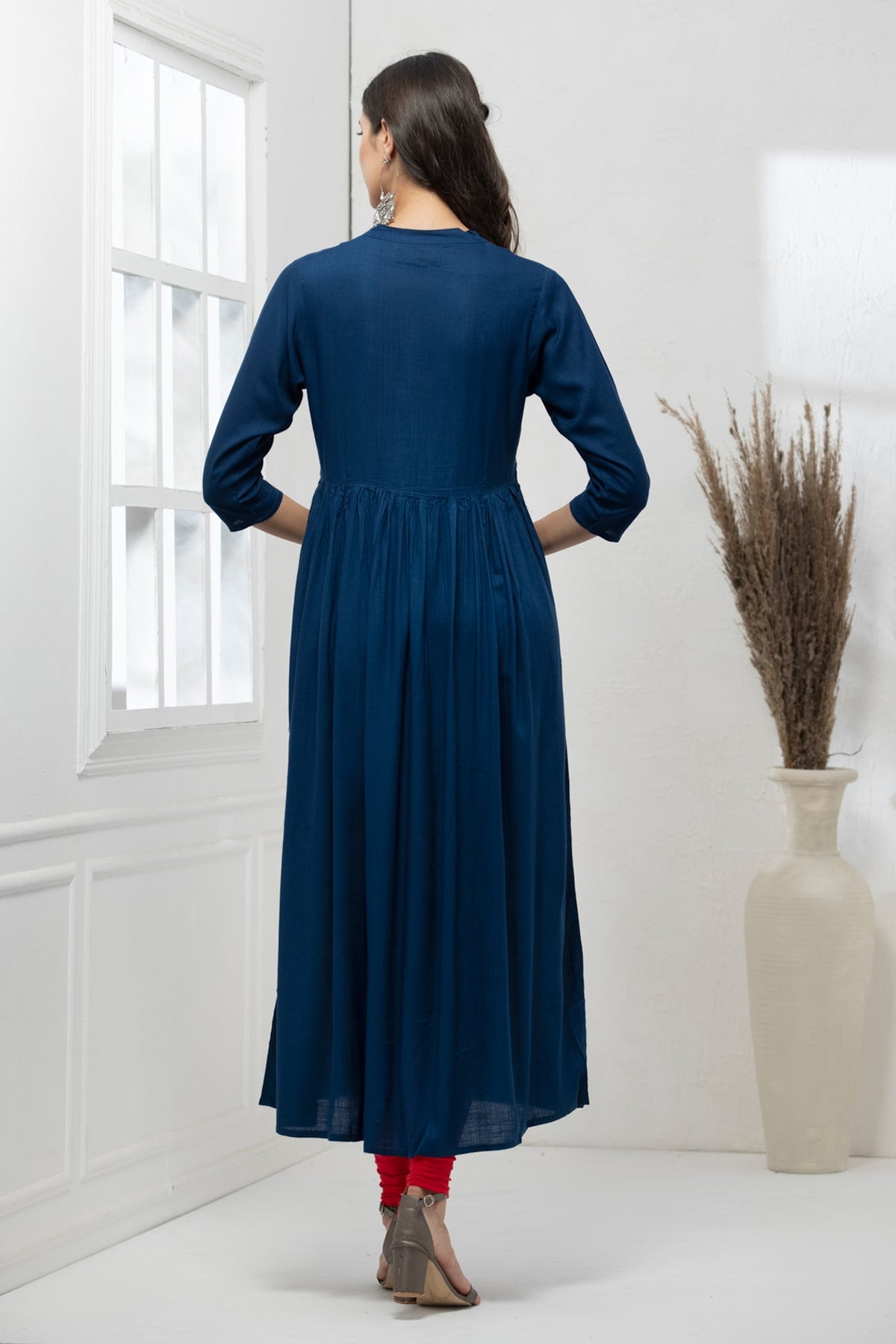 Peacock Blue Yoke Embroidered Dress